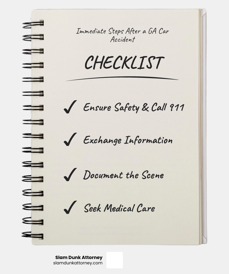 Infographic showing the immediate steps to take after a car accident in Georgia: Step 1 - Ensure Safety & Call 911 (move to safety if possible, check for injuries, call emergency services). Step 2 - Exchange Information (get driver's license, insurance card, license plate numbers from all parties). Step 3 - Document the Scene (take photos of vehicle damage, road conditions, traffic signs, and visible injuries). Step 4 - Seek Medical Care (see a doctor immediately, even if you feel fine—some injuries like whiplash appear later). - Legal advice car accident infographic checklist-notebook