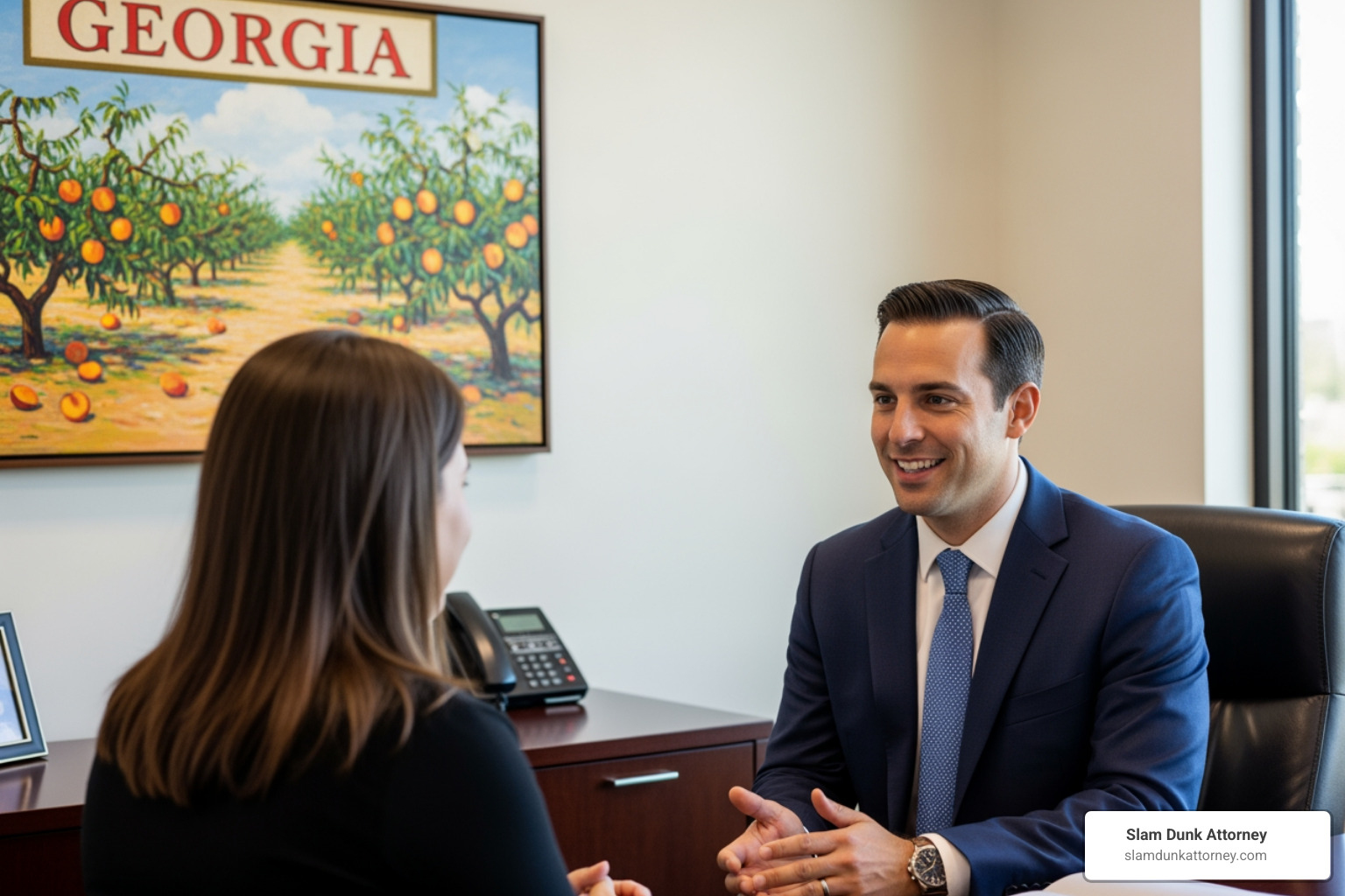 Friendly, professional lawyer in a Duluth office setting having a reassuring conversation with a client, Georgia-themed art on the wall - Legal advice car accident