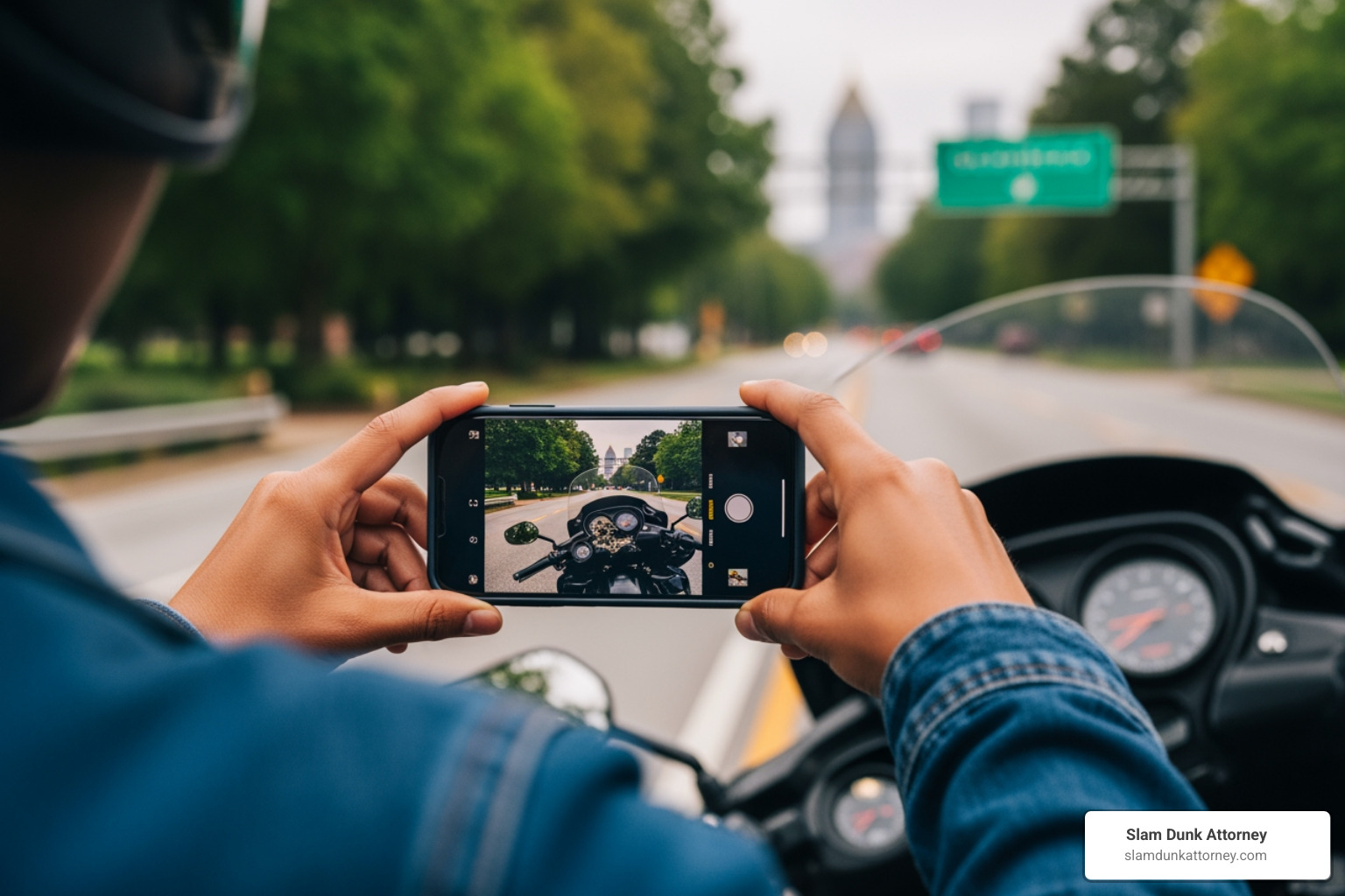 person using smartphone to photograph vehicle damage on a Georgia road - claim for motorcycle accident