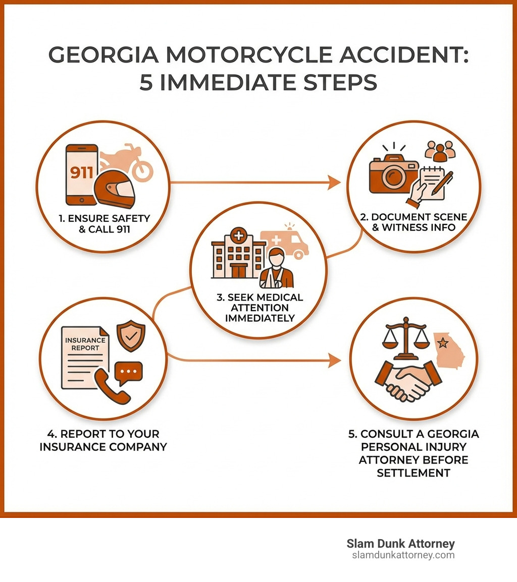 infographic showing the 5 immediate steps after a motorcycle accident in Georgia: 1. Ensure safety and call 911, 2. Document the scene with photos and witness info, 3. Seek medical attention immediately, 4. Report to your insurance company, 5. Consult a Georgia personal injury attorney before accepting any settlement - claim for motorcycle accident infographic 