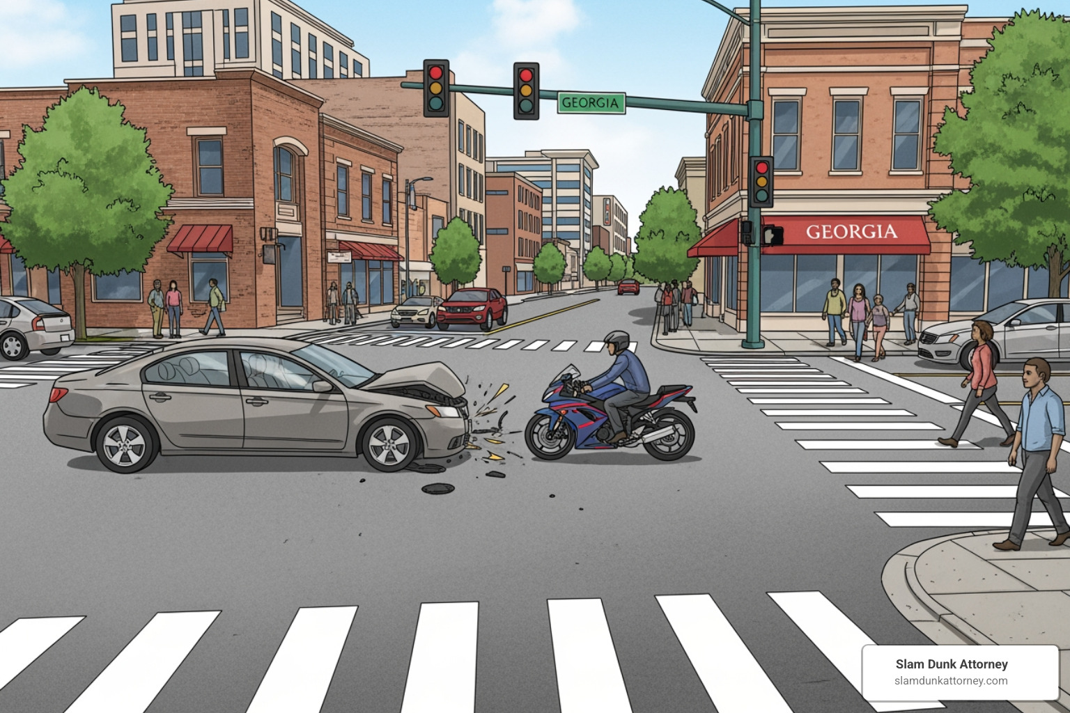 illustration of a common left-turn accident in Georgia involving a car and a motorcycle on a city street - claim for motorcycle accident
