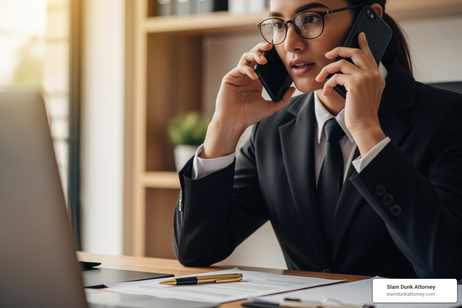 a person organizing documents like a police report and medical bills in a home office setting, with a subtle Georgia peach or dogwood flower visible - free lawyer consultation over the phone