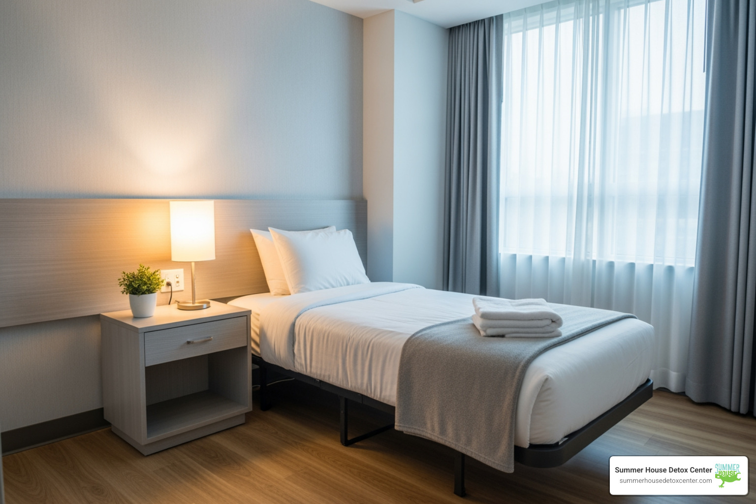 A clean, comfortable, and private patient room in a modern detox facility, featuring a neatly made bed, a small nightstand, and soft lighting, suggesting a peaceful environment for recovery. - inpatient drug detox A clean, comfortable, and private patient room in a modern detox facility, featuring a neatly made bed, a small nightstand, and soft lighting, suggesting a peaceful environment for recovery. - inpatient drug detox