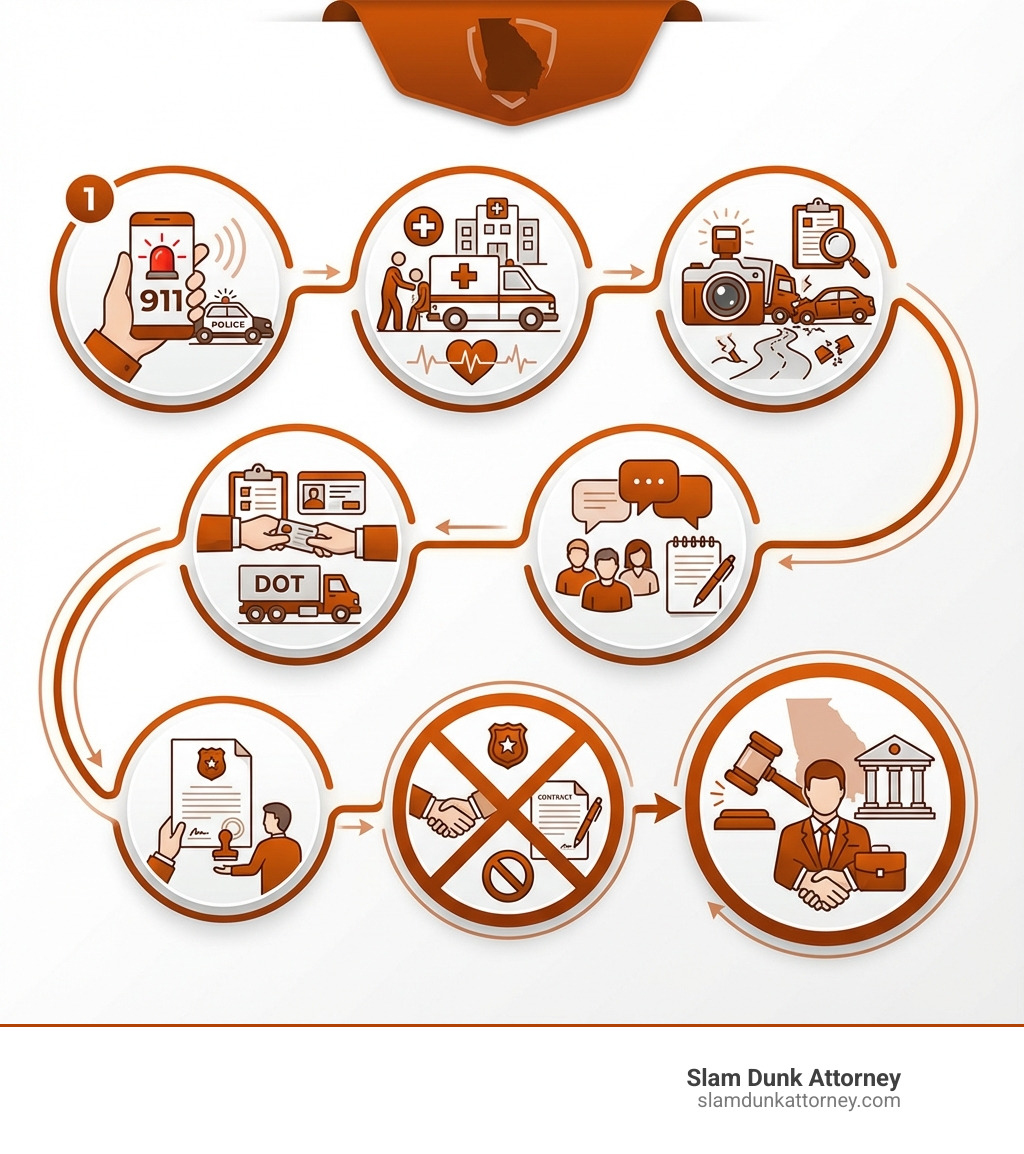 Detailed infographic showing the immediate steps to take after a truck accident in Georgia: 1) Call 911 and report the accident, 2) Seek medical attention immediately, 3) Document the scene with photos of vehicles, road conditions, and injuries, 4) Exchange information with the truck driver including DOT number, 5) Collect witness contact information, 6) Request a copy of the police report, 7) Do NOT admit fault or sign anything from insurance companies, 8) Contact a Georgia truck accident attorney before speaking with any insurance adjusters - truck accident lawsuit Georgia infographic 