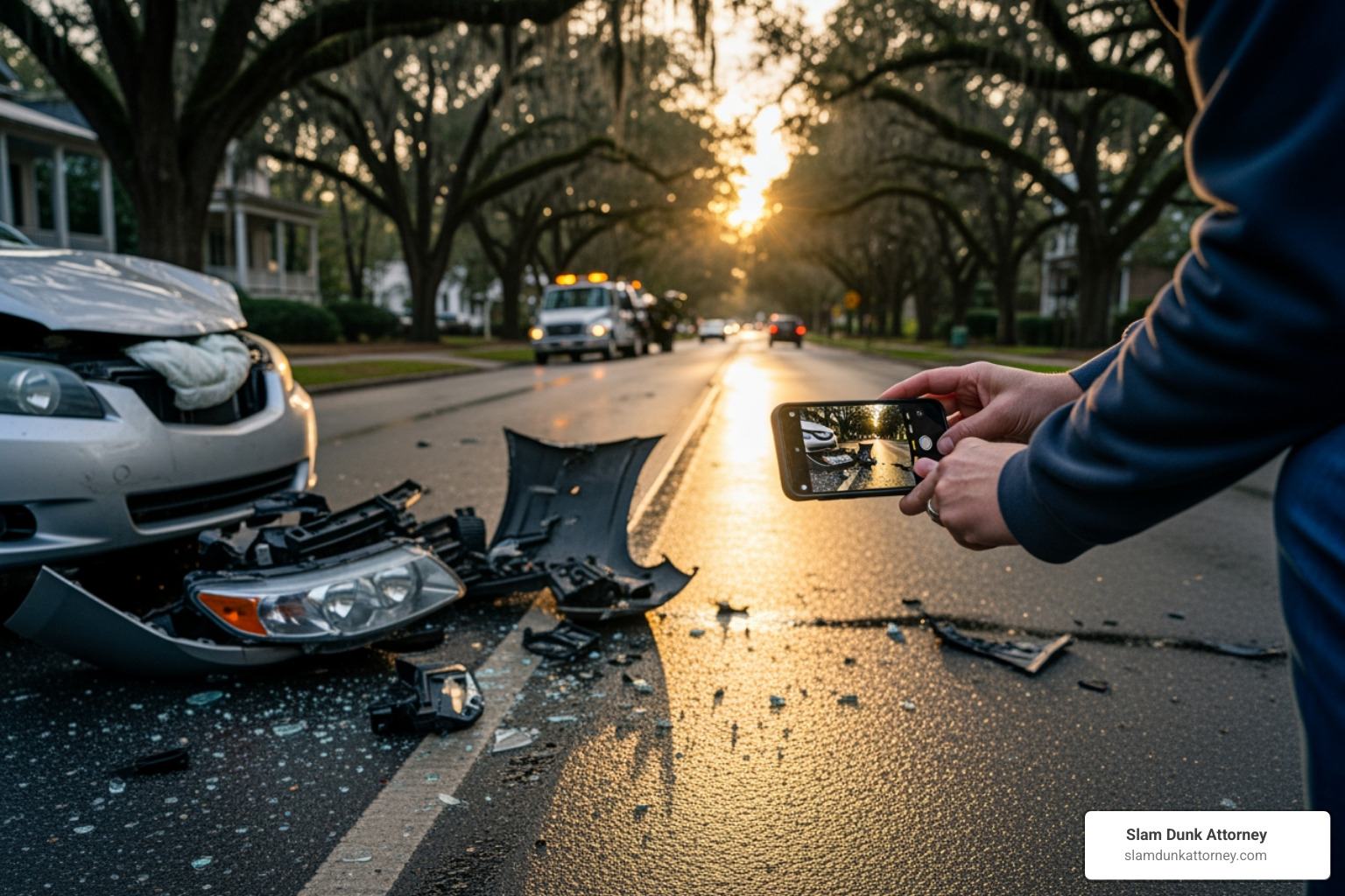 person taking photos of car damage with their phone in Georgia - injury claim process