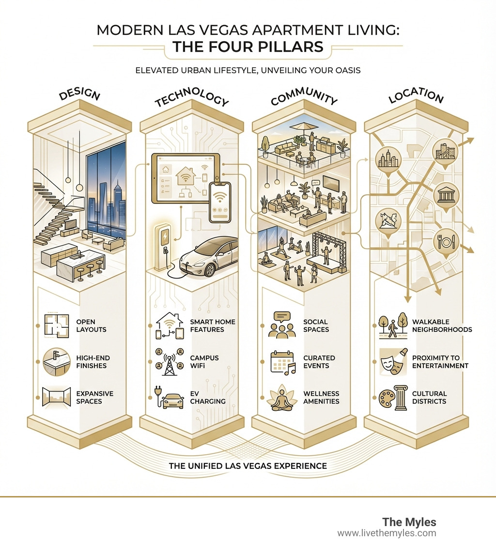 Infographic showing the four pillars of modern Las Vegas apartment living: Design (open layouts, high-end finishes, expansive spaces), Technology (smart home features, campus WiFi, EV charging), Community (social spaces, curated events, wellness amenities), and Location (walkable neighborhoods, proximity to entertainment, cultural districts) - modern style apartments in las vegas infographic 