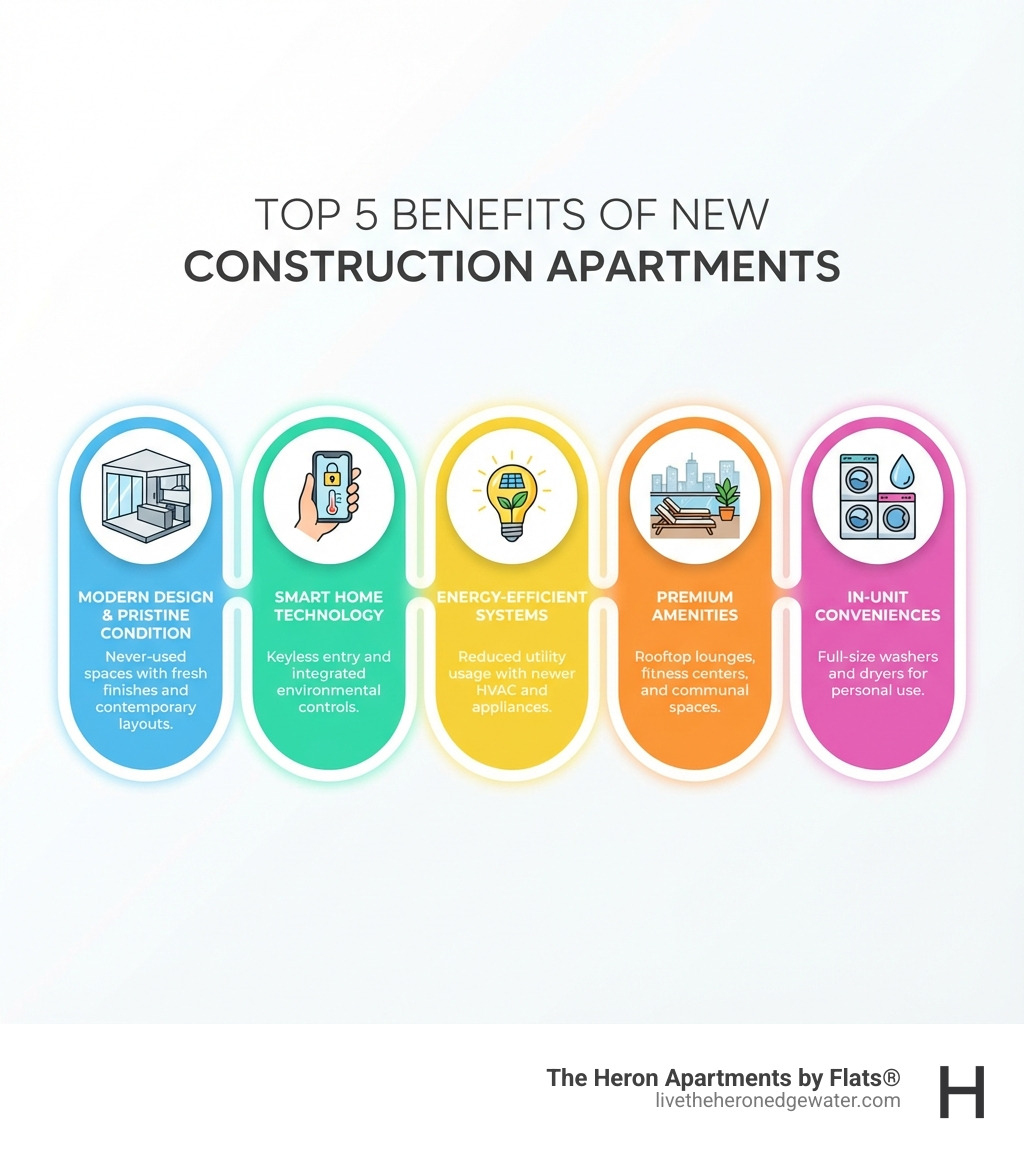 infographic showing the top 5 benefits of new construction apartments: 1. Modern design and pristine condition with never-used spaces, 2. Smart home technology including keyless entry and integrated controls, 3. Energy-efficient systems reducing utility usage, 4. Premium amenities like rooftop lounges and fitness centers, 5. In-unit conveniences such as full-size washers and dryers - new construction apartments infographic 