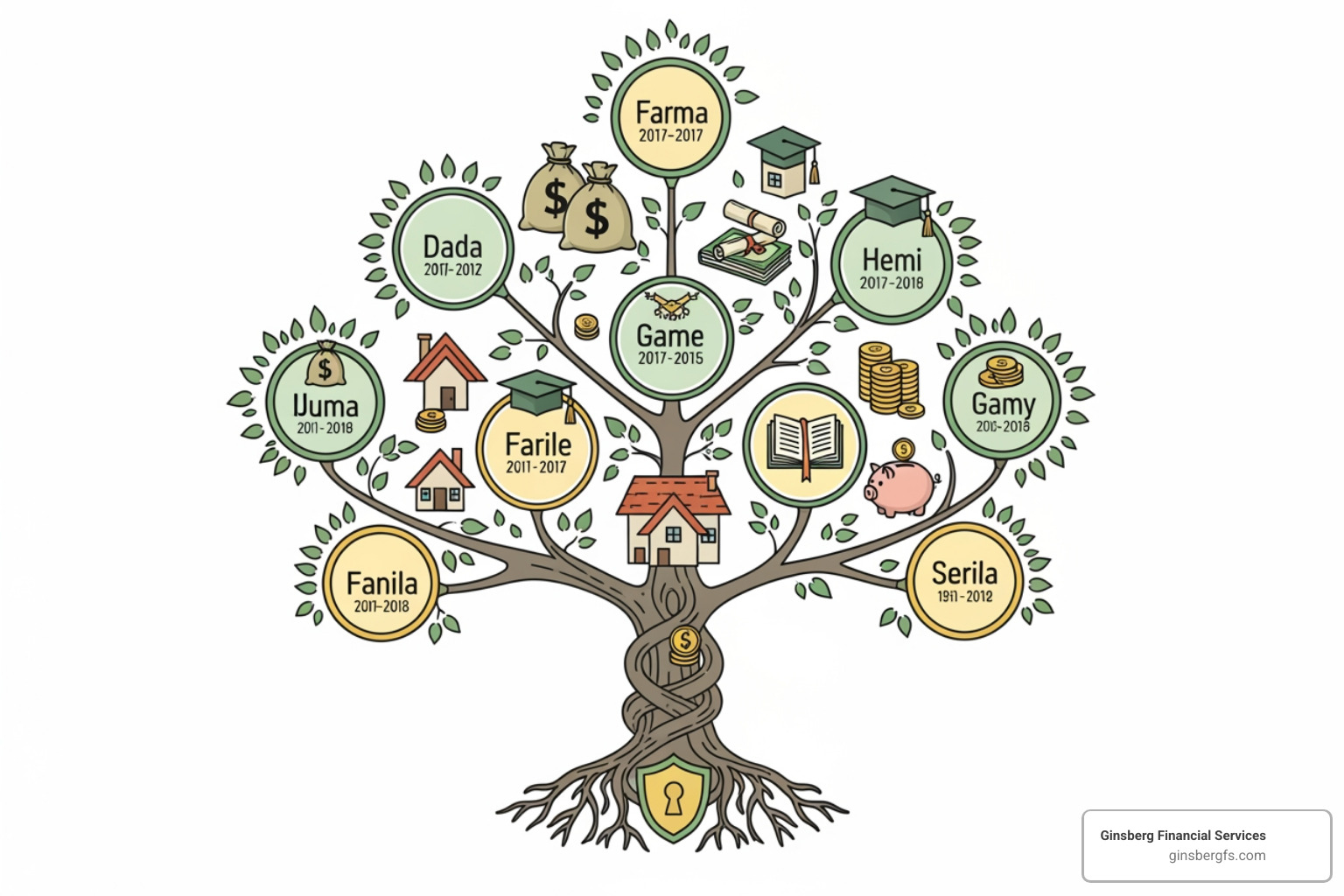 A stylized image of a family tree with small icons representing financial assets like money bags, houses, and college caps, illustrating intergenerational wealth transfer and planning. - Minimize RMD taxes