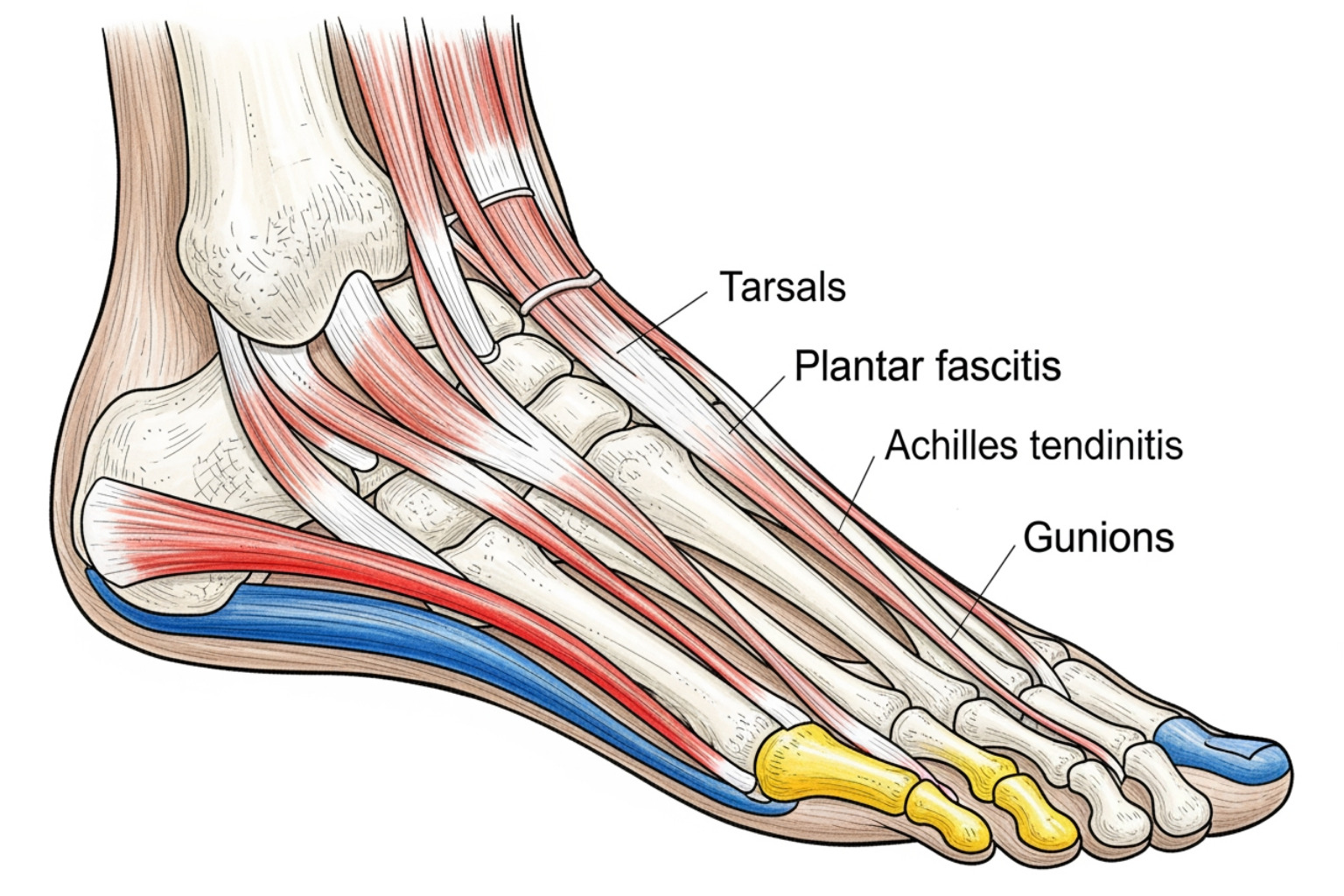 illustration showing common foot pain areas like the plantar fascia, Achilles tendon, and toes, with different colors indicating specific conditions such as plantar fasciitis, Achilles tendinitis, and bunions - aching feet legs