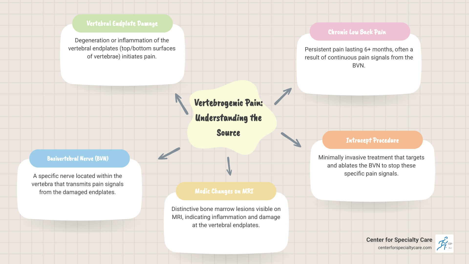 infographic showing vertebrogenic pain originating from damaged vertebral endplates, the path of the basivertebral nerve through the vertebra, and how Modic changes appear on MRI scans indicating inflammation at the endplates - who does intracept procedure near me infographic mindmap-5-items
