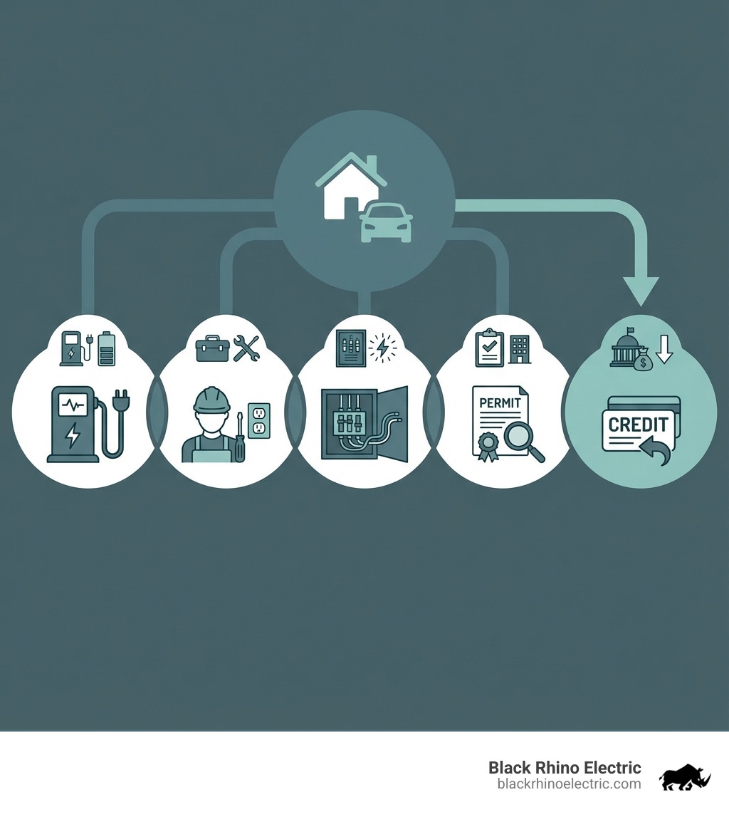infographic showing cost breakdown of home ev charger installation with sections for equipment, labor, electrical upgrades, permits, and potential tax credits - home charging station for electric cars cost infographic infographic showing cost breakdown of home ev charger installation with sections for equipment, labor, electrical upgrades, permits, and potential tax credits - home charging station for electric cars cost infographic