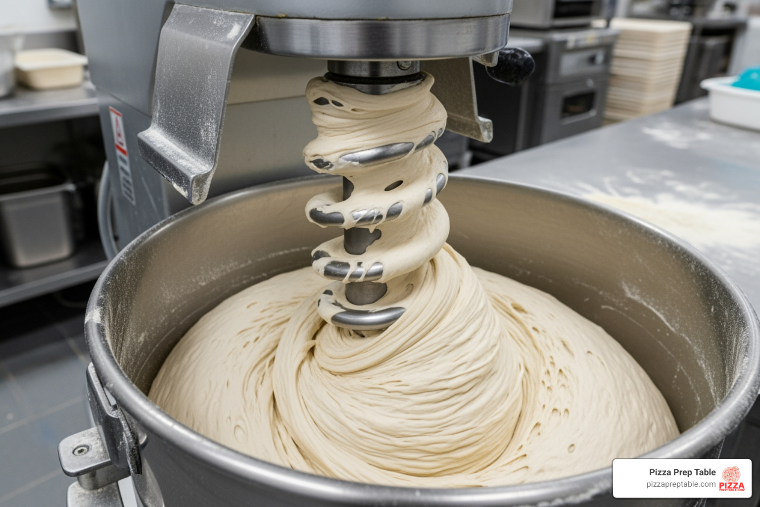 spiral hook kneading a large batch of pizza dough - dough mixers