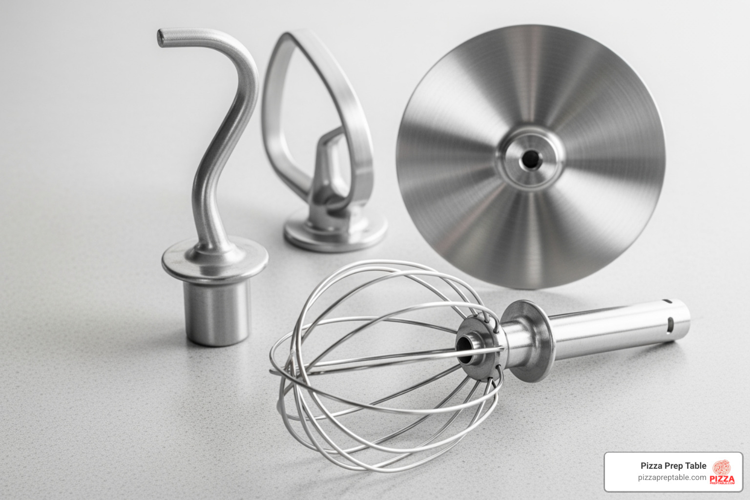 various mixer attachments like a dough hook, flat beater, and wire whip - dough mixers