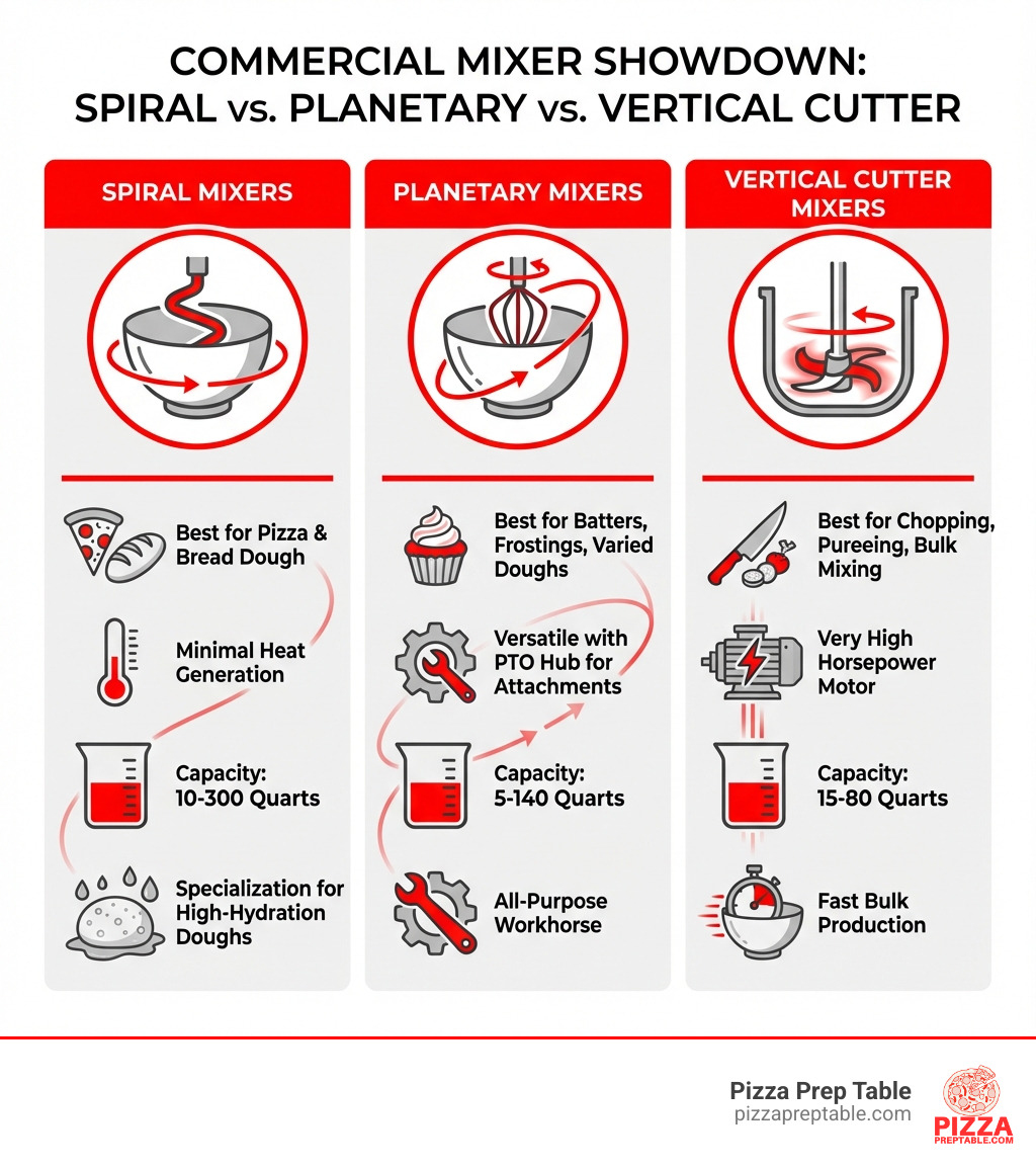 Infographic showing three columns comparing Spiral, Planetary, and Vertical Cutter mixers. Spiral Mixers column shows: rotating bowl with stationary spiral hook, best for pizza and bread dough, minimal heat generation, capacity 10-300 quarts, specialization for high-hydration doughs. Planetary Mixers column shows: stationary bowl with rotating attachment moving in planetary pattern, best for batters, frostings, and varied doughs, versatile with PTO hub for attachments, capacity 5-140 quarts, all-purpose workhorse. Vertical Cutter Mixers column shows: high-speed blade in stationary bowl, best for chopping, pureeing, and bulk mixing, very high horsepower motor, capacity 15-80 quarts, fast bulk production. - dough mixers infographic 