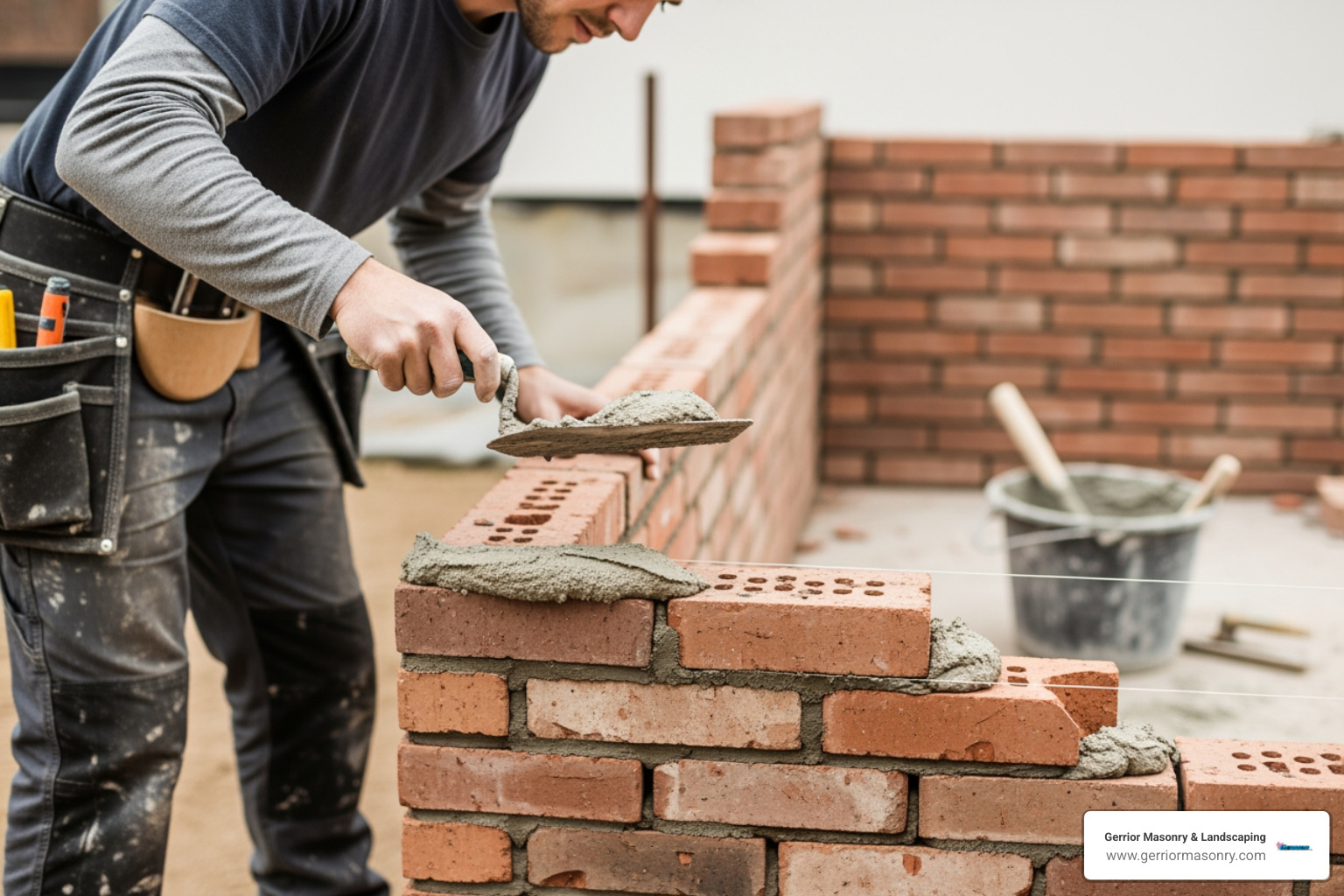 mason carefully applying mortar to a brick wall - Brick masonry contractor