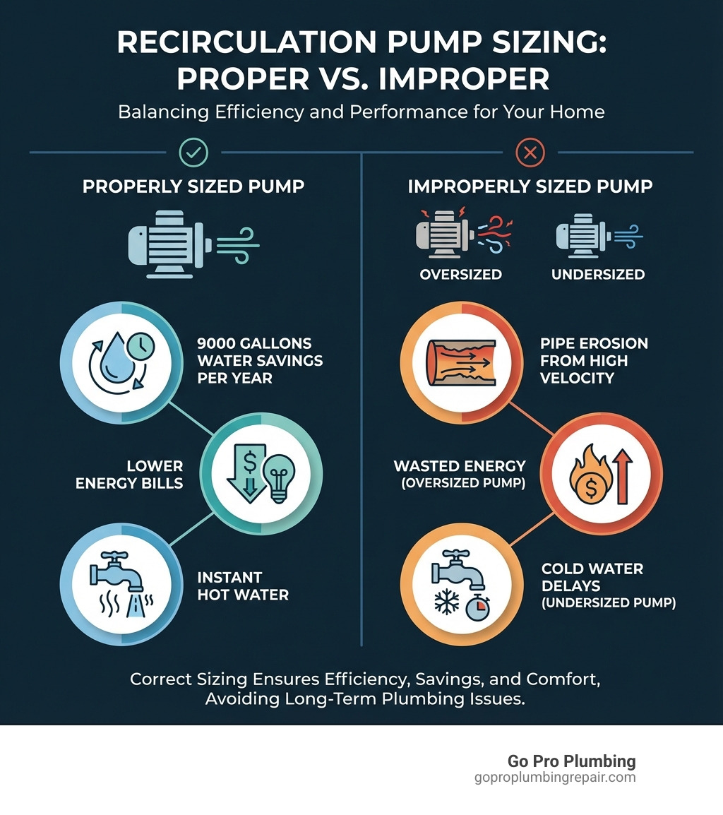 Infographic comparing properly sized vs improperly sized recirculation pumps showing benefits of correct sizing including 9000 gallons water savings per year, lower energy bills, and instant hot water versus drawbacks of improper sizing including pipe erosion from high velocity, wasted energy from oversized pumps, and cold water delays from undersized pumps - recirculation pump sizing infographic 