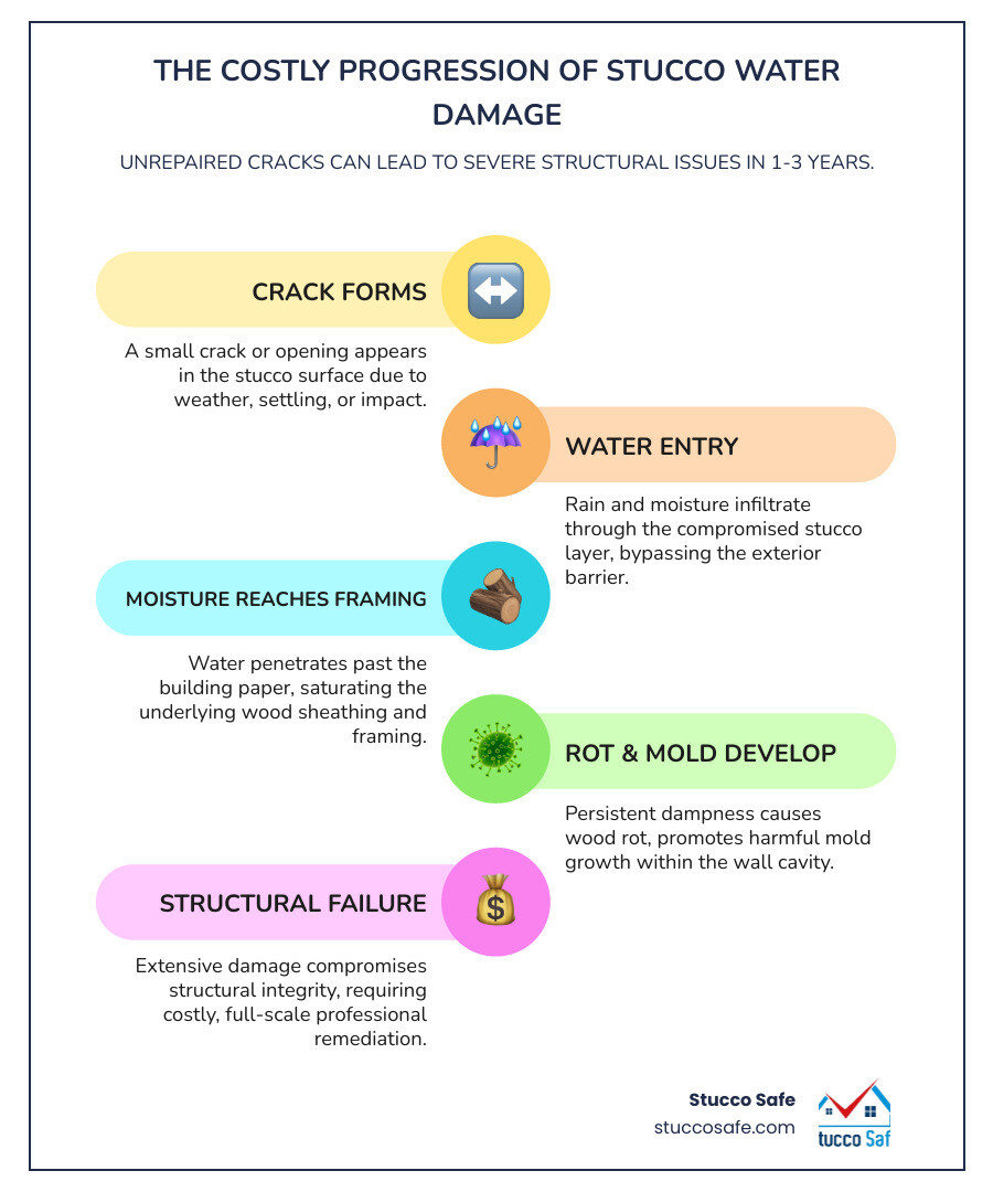 Infographic showing the progression of water damage from a small stucco crack: 1) Small crack forms in stucco surface, 2) Water enters during rain, 3) Moisture penetrates building paper and reaches wood framing, 4) Wood rot begins behind the stucco, 5) Mold develops in wall cavity, 6) Structural damage requires full remediation costing thousands. Timeline shows this progression can occur within 1-3 years if left unrepaired. - stucco patch infographic infographic-line-5-steps-colors Infographic showing the progression of water damage from a small stucco crack: 1) Small crack forms in stucco surface, 2) Water enters during rain, 3) Moisture penetrates building paper and reaches wood framing, 4) Wood rot begins behind the stucco, 5) Mold develops in wall cavity, 6) Structural damage requires full remediation costing thousands. Timeline shows this progression can occur within 1-3 years if left unrepaired. - stucco patch infographic infographic-line-5-steps-colors