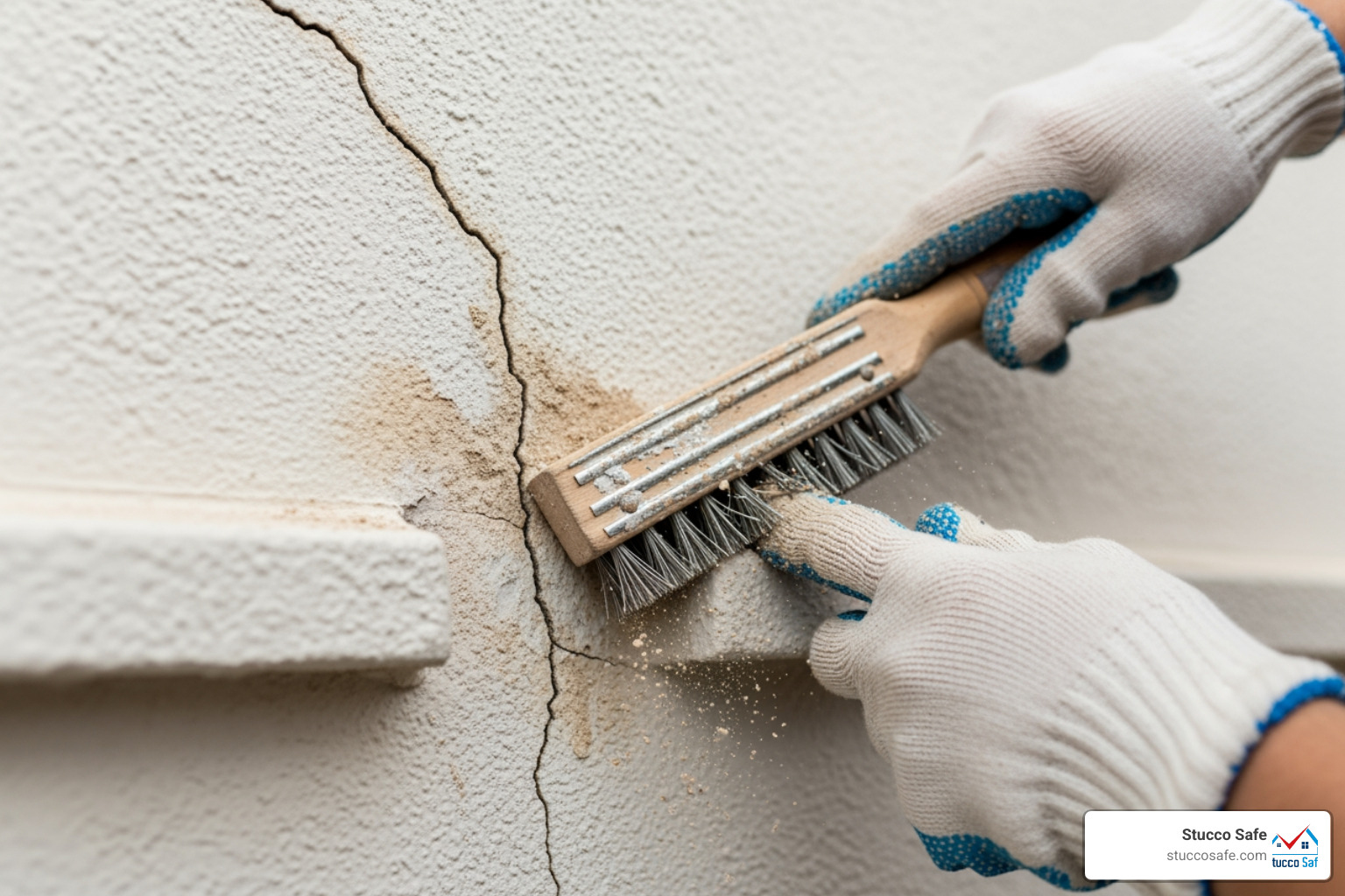 A person using a wire brush to clean a crack in a stucco wall, removing loose debris. - stucco patch A person using a wire brush to clean a crack in a stucco wall, removing loose debris. - stucco patch
