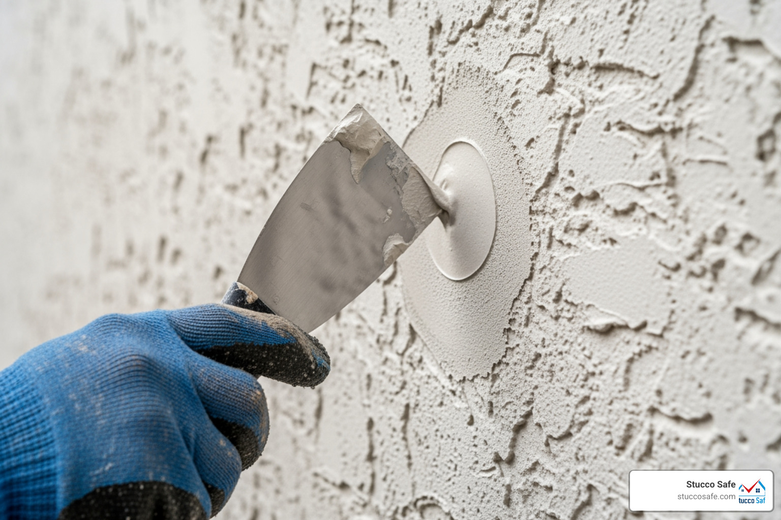 A putty knife applying stucco patch to a small hole in a stucco wall. - stucco patch A putty knife applying stucco patch to a small hole in a stucco wall. - stucco patch