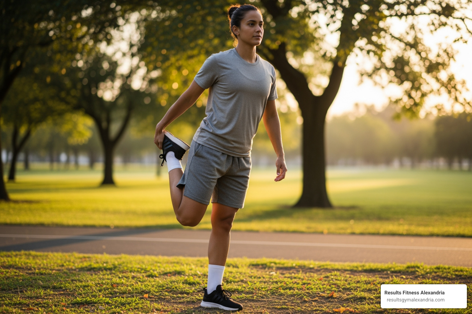 person performing a static quad stretch after a run - Post workout recovery