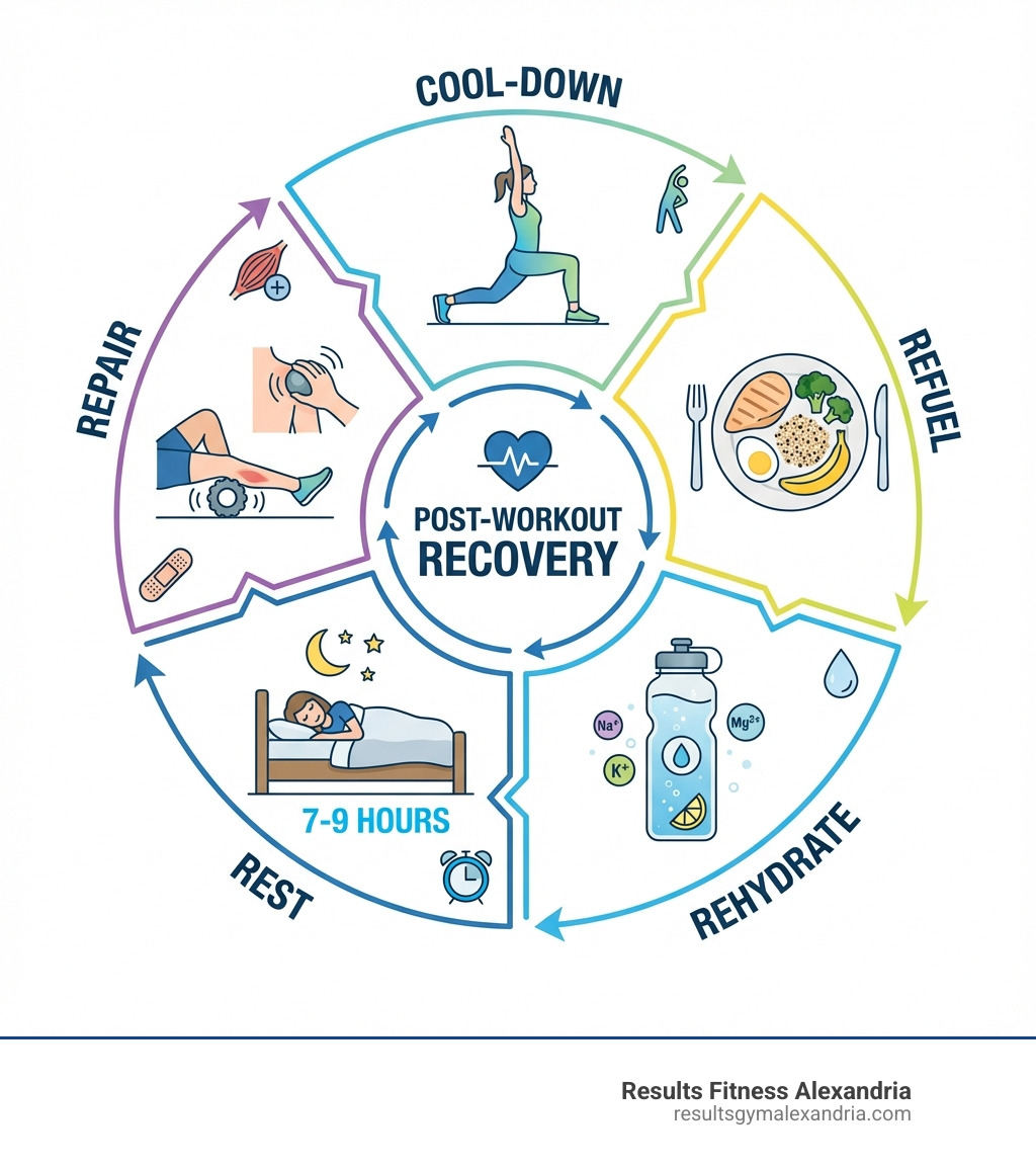 infographic showing the five pillars of post-workout recovery: a circular diagram with Cool-Down at the top showing a person stretching, Refuel showing a plate with protein and carbs, Rehydrate showing a water bottle with electrolytes, Rest showing a person sleeping with 7-9 hours indicated, and Repair showing foam rolling and massage techniques, all connected in a cycle - Post workout recovery infographic 