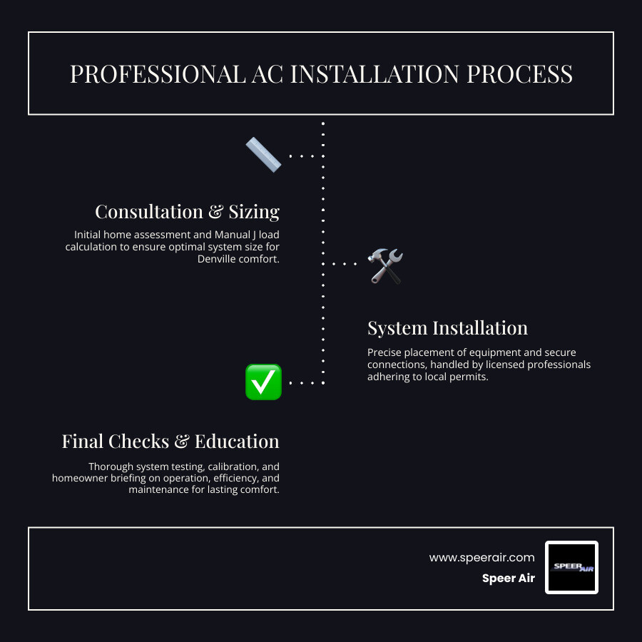 Professional AC installation process infographic showing steps from initial consultation and load calculation, through system selection and placement, to final testing and homeowner education, with icons representing energy efficiency ratings, local permits, and maintenance schedules - ac installation in denville nj infographic infographic-line-3-steps-dark Professional AC installation process infographic showing steps from initial consultation and load calculation, through system selection and placement, to final testing and homeowner education, with icons representing energy efficiency ratings, local permits, and maintenance schedules - ac installation in denville nj infographic infographic-line-3-steps-dark