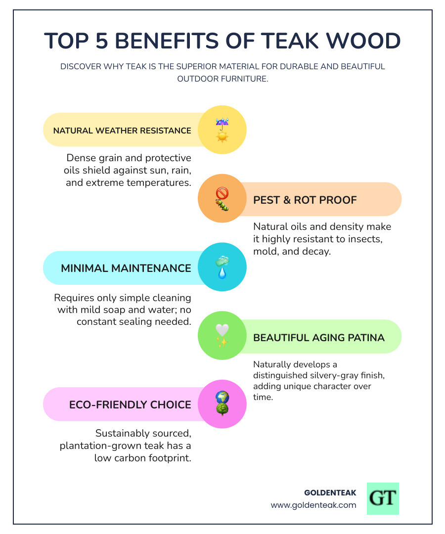 Infographic showing the top 5 benefits of teak wood for outdoor furniture: 1. Natural weather resistance from dense grain and protective oils, 2. Pest and rot resistance for decades of use, 3. Minimal maintenance with simple soap and water cleaning, 4. Beautiful aging process with silvery-gray patina development, 5. Sustainable sourcing with low carbon footprint - Teak Loveseats infographic infographic-line-5-steps-colors
