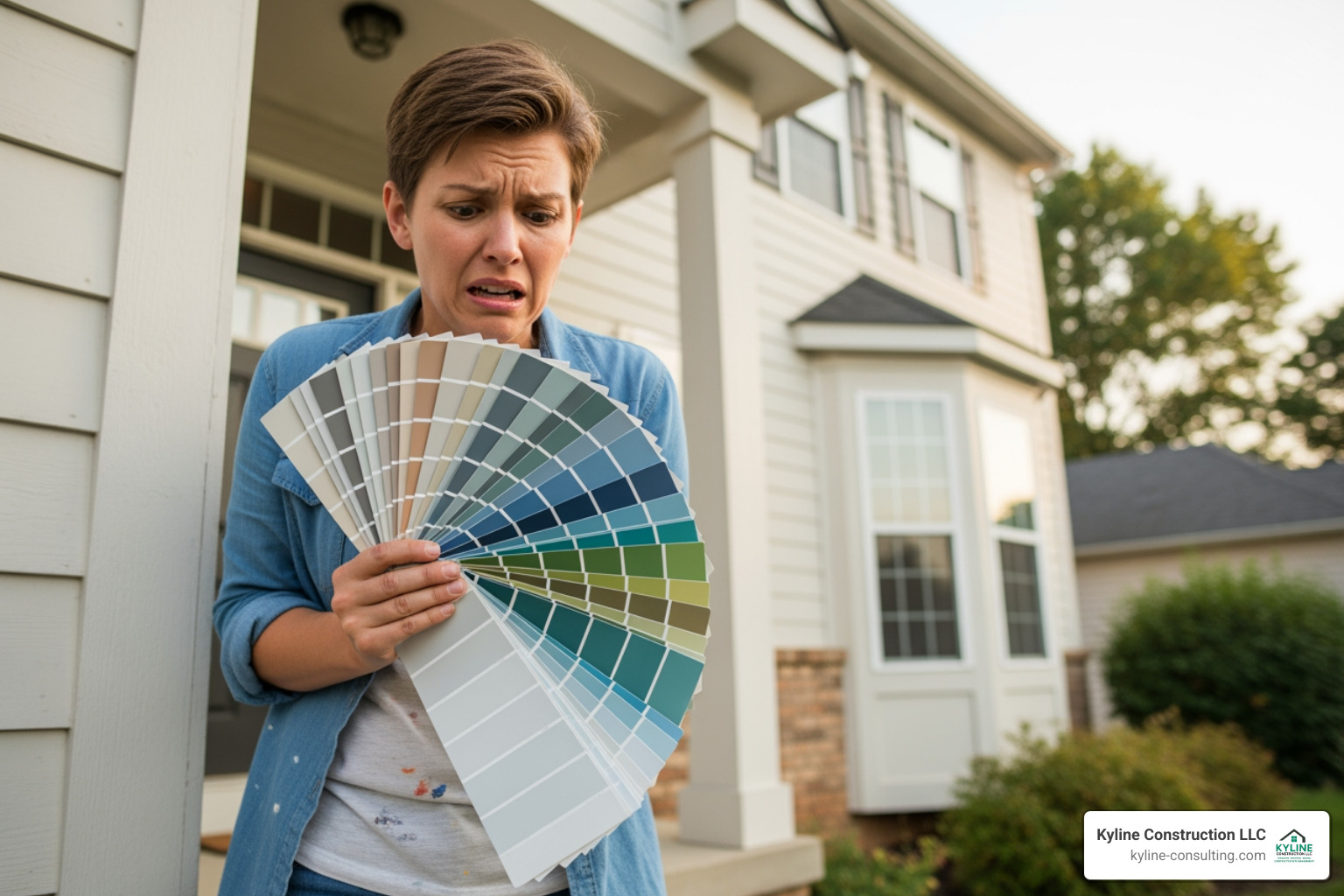 A homeowner looking stressed while holding multiple paint swatches against their house, looking overwhelmed - exterior home design consultant near me
