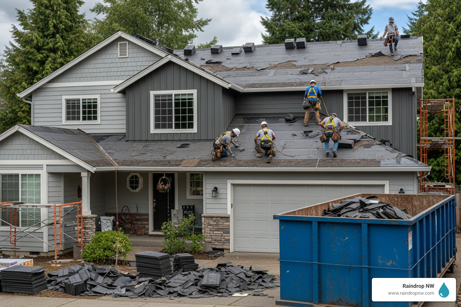 infographic showing the five essential layers of a residential roof system: structural decking at the base, ice and water barrier for protection, synthetic underlayment for weatherproofing, high-quality shingles or metal panels for the outer layer, and proper ventilation system including ridge vents and soffit vents - home residential roof replacement in aloha or