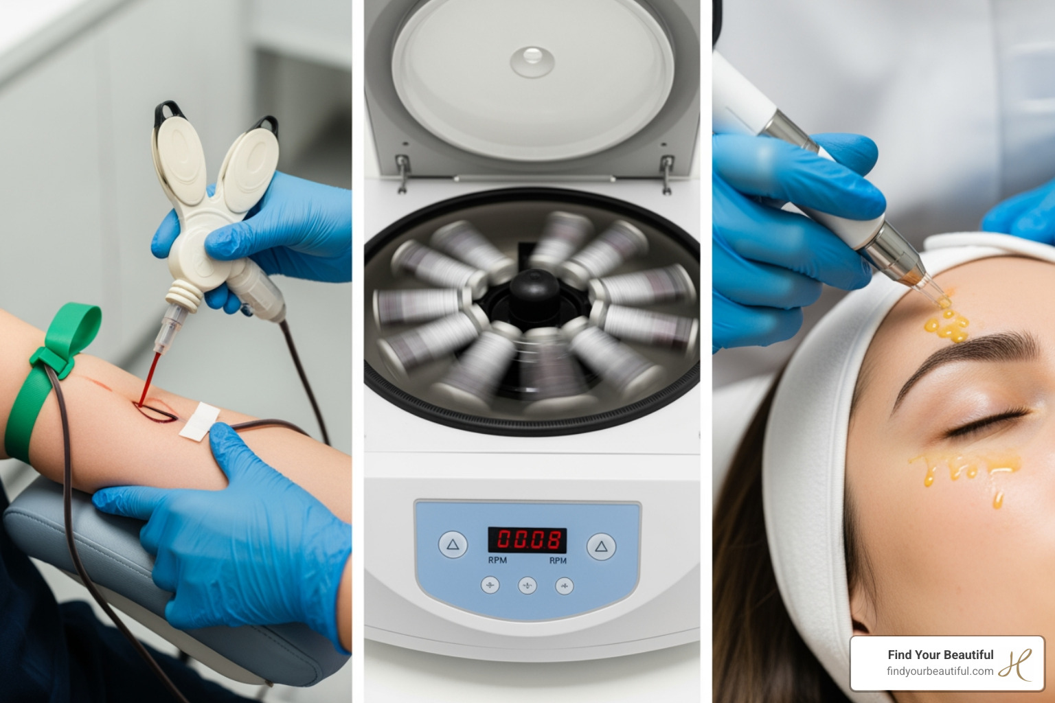 image illustrating the three main steps: blood draw, centrifuge, and microneedling with PRP application - prp facial san antonio