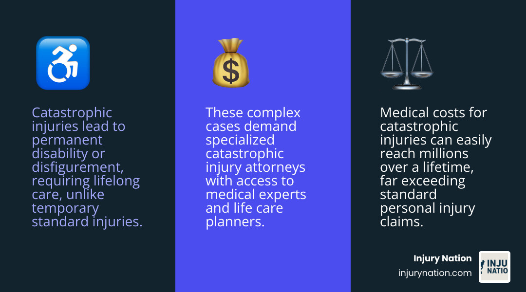 Infographic showing the key differences between standard personal injury and catastrophic injury: Standard personal injury typically involves temporary injuries with full recovery expected, medical bills in thousands, return to work within weeks or months, and standard personal injury attorney can handle the case. Catastrophic injury involves permanent disability or disfigurement, medical costs in millions over lifetime, inability to return to previous employment, need for ongoing care and assistance, and requires specialized catastrophic injury attorney with access to medical experts and life care planners. - Catastrophic injury attorney infographic 3_facts_emoji_blue