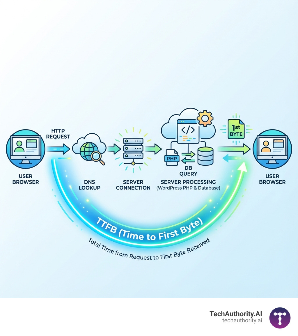 Detailed infographic showing the journey of a user's HTTP request from their browser through DNS lookup, connecting to the server, server processing the WordPress PHP and database queries, and sending back the first byte of response, with TTFB highlighted as the total time from request to first byte received - Reduce TTFB WordPress infographic 