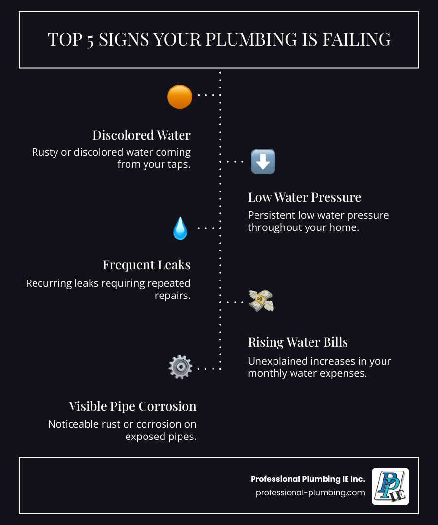 infographic showing five warning signs of failing plumbing: 1. Discolored or rusty water coming from taps, 2. Persistent low water pressure throughout the home, 3. Frequent leaks requiring repeated repairs, 4. Unexplained increases in monthly water bills, 5. Visible rust or corrosion on exposed pipes - Copper repiping Riverside infographic infographic-line-5-steps-dark infographic showing five warning signs of failing plumbing: 1. Discolored or rusty water coming from taps, 2. Persistent low water pressure throughout the home, 3. Frequent leaks requiring repeated repairs, 4. Unexplained increases in monthly water bills, 5. Visible rust or corrosion on exposed pipes - Copper repiping Riverside infographic infographic-line-5-steps-dark