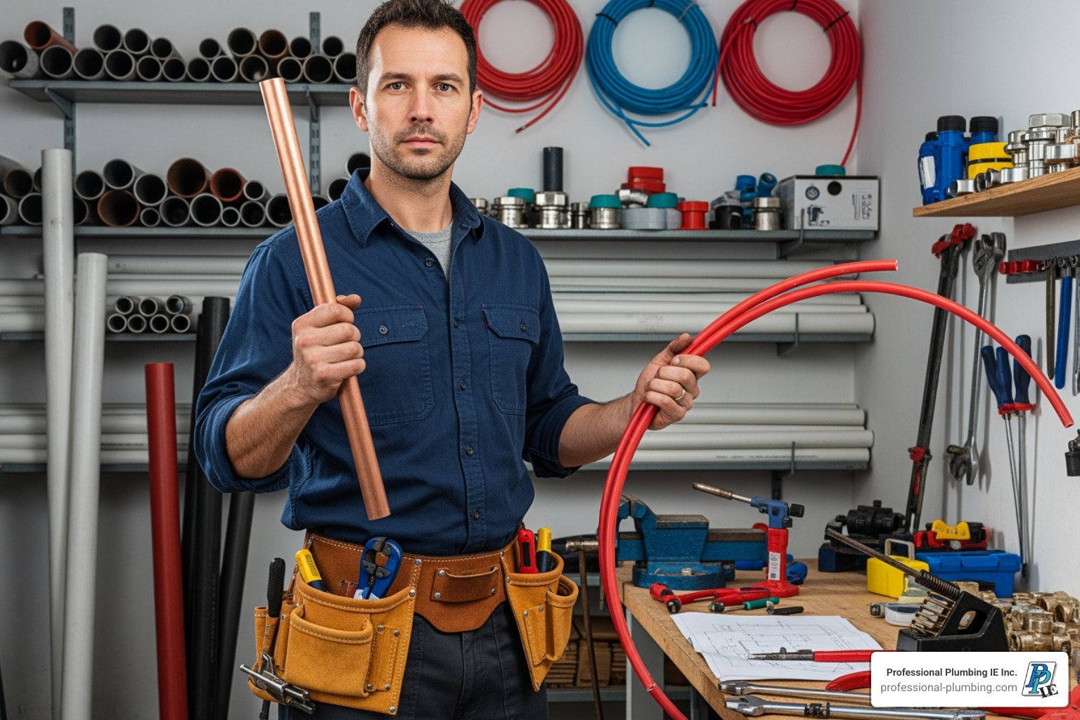 plumber holding copper and PEX pipes - Copper repiping Riverside plumber holding copper and PEX pipes - Copper repiping Riverside