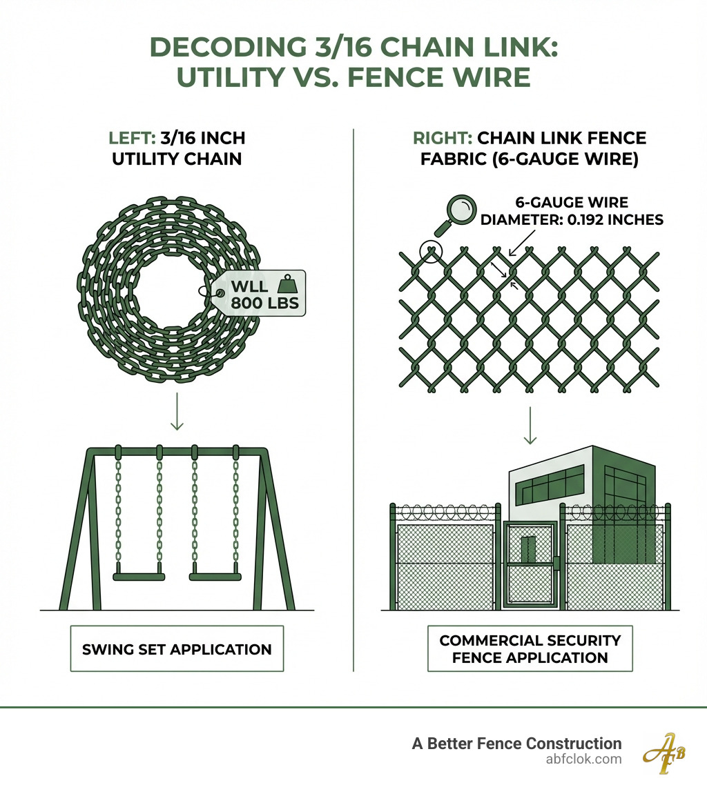 infographic showing two columns: left side displays a 3/16 inch utility chain coil with WLL 800 lbs label and swing set application, right side shows chain link fence fabric with 6-gauge wire diameter measurement 0.192 inches and commercial security fence application - 3 16 chain link infographic infographic showing two columns: left side displays a 3/16 inch utility chain coil with WLL 800 lbs label and swing set application, right side shows chain link fence fabric with 6-gauge wire diameter measurement 0.192 inches and commercial security fence application - 3 16 chain link infographic