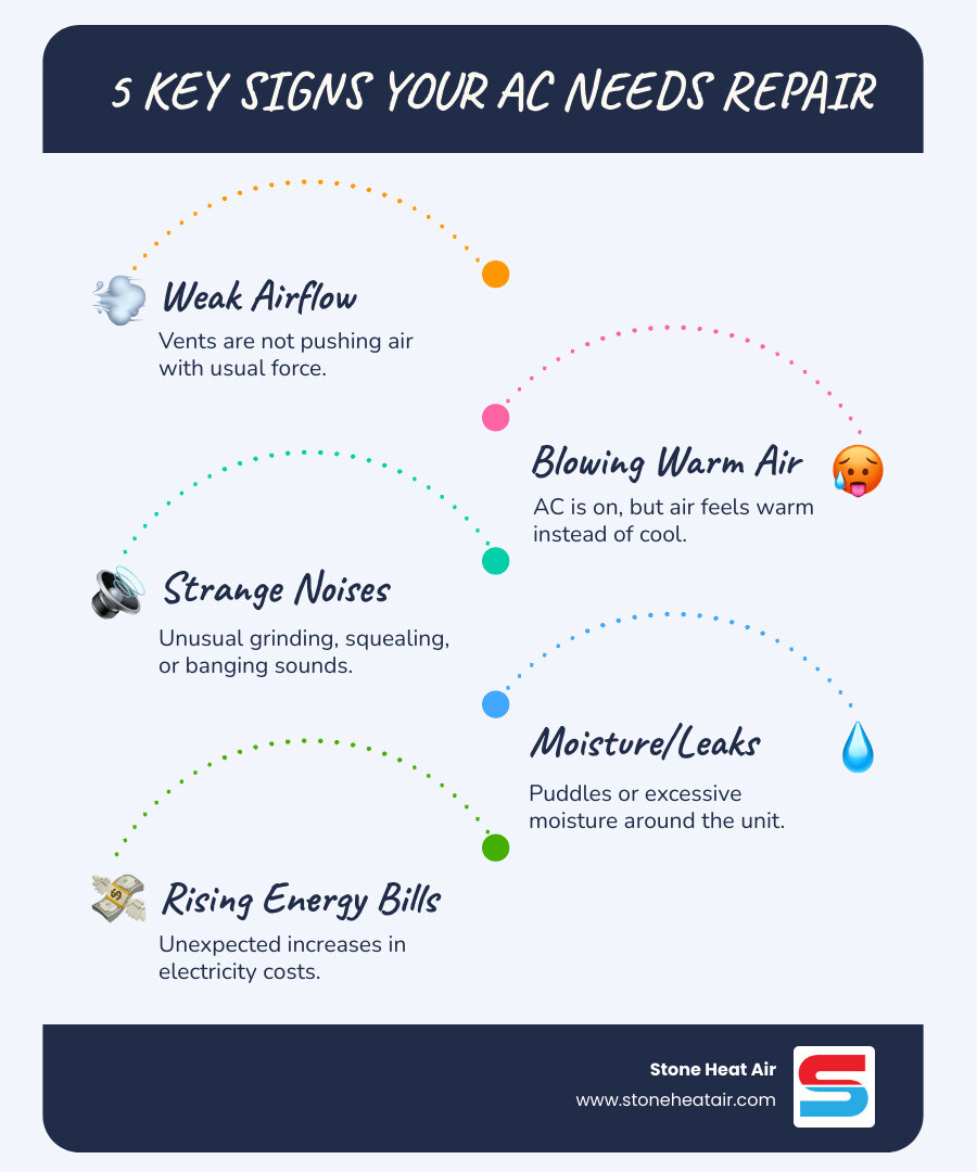 infographic showing five key signs your AC needs repair: weak airflow from vents, warm air instead of cool, unusual grinding or squealing noises, moisture or leaks around the unit, and rapidly increasing energy bills - ac repair in brookings, or infographic infographic-line-5-steps-blues-accent_colors