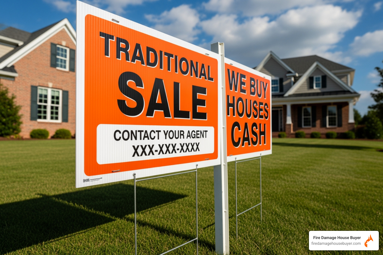 For-sale sign with traditional and 'We Buy Houses' sides - how to sell a burned house For-sale sign with traditional and 'We Buy Houses' sides - how to sell a burned house