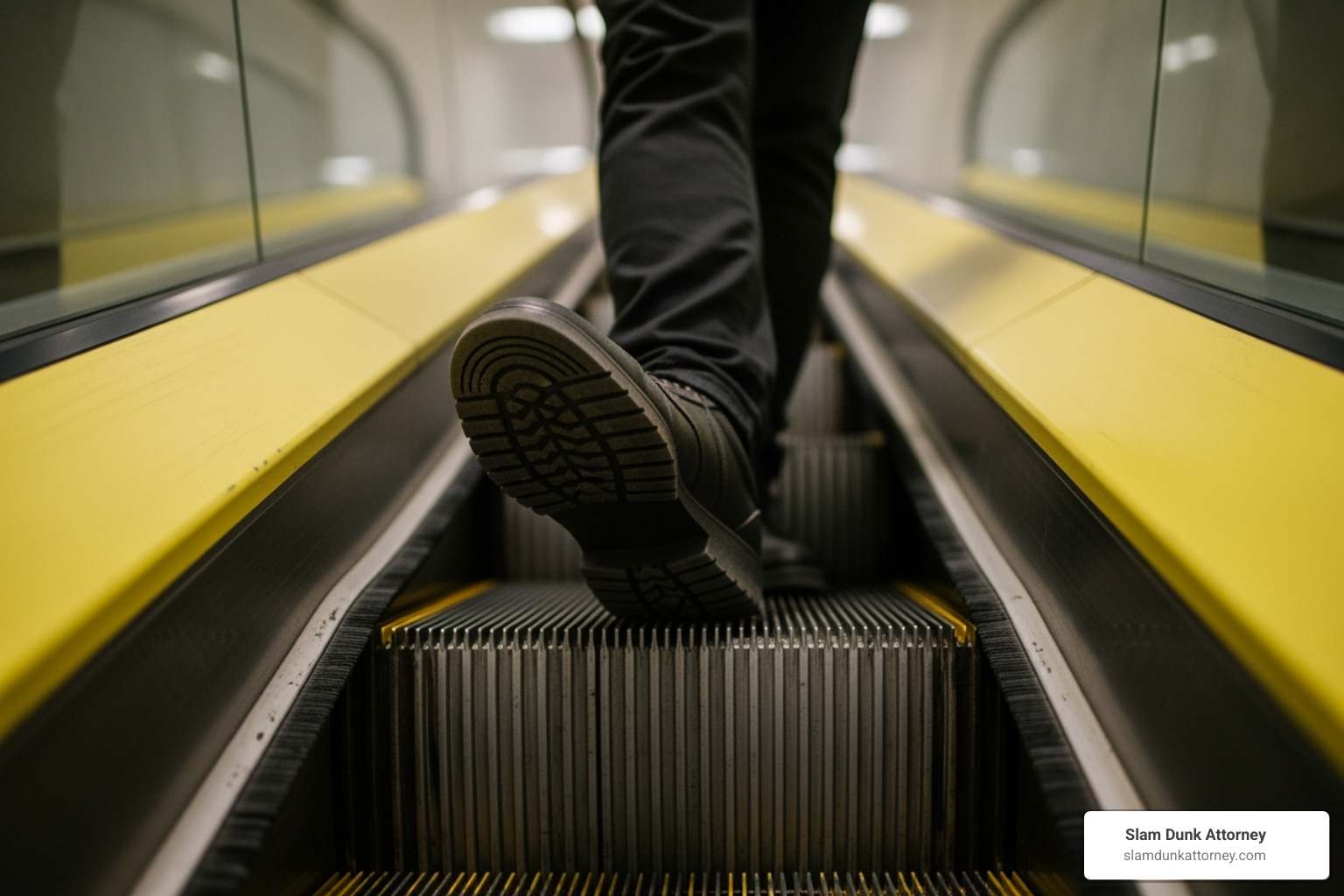 Escalator with a caution sign in a Georgia public building - escalator injury claim