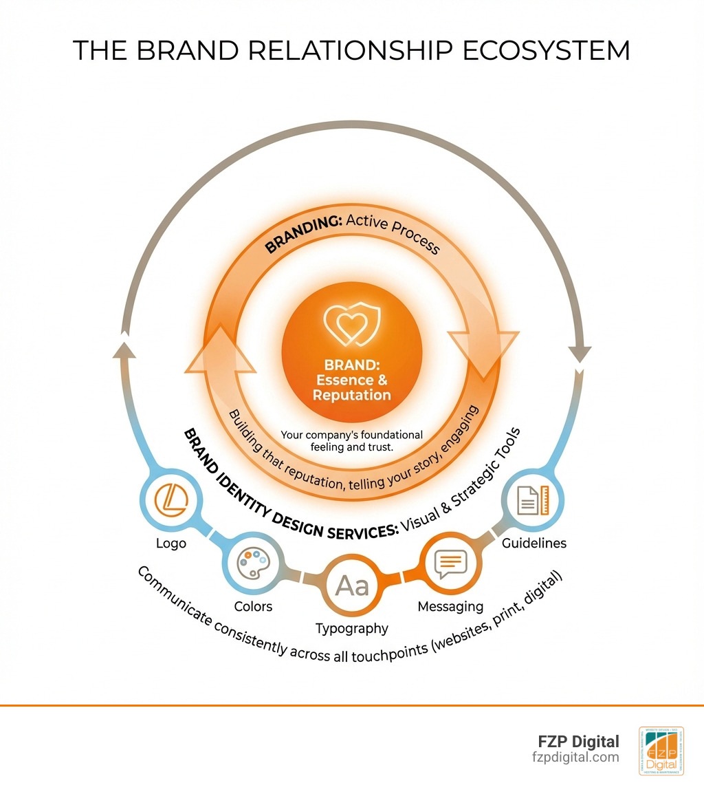 Infographic showing the relationship between Brand (your company's essence and reputation), Branding (the active process of building that reputation), and Brand Identity Design Services (the visual and strategic tools that communicate your brand consistently across all touchpoints including logo, colors, typography, messaging, and guidelines) - brand identity design services infographic Infographic showing the relationship between Brand (your company's essence and reputation), Branding (the active process of building that reputation), and Brand Identity Design Services (the visual and strategic tools that communicate your brand consistently across all touchpoints including logo, colors, typography, messaging, and guidelines) - brand identity design services infographic
