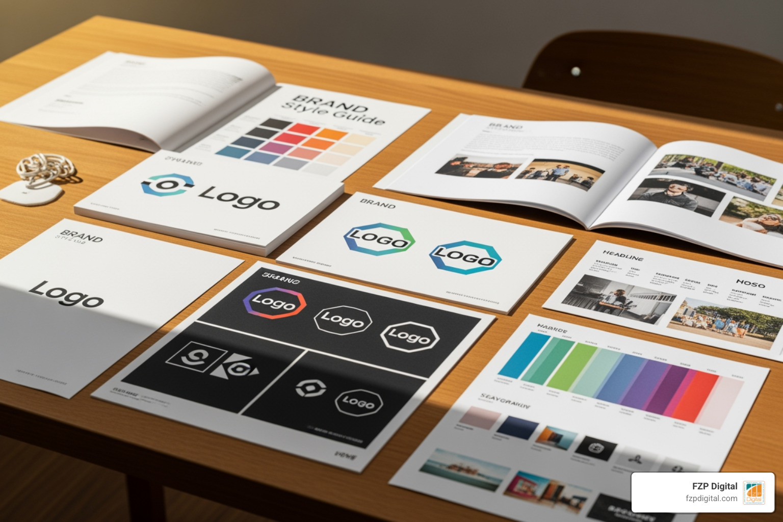 A brand style guide spread out on a desk, showing logo variations, color palettes, and typography. - brand identity design services A brand style guide spread out on a desk, showing logo variations, color palettes, and typography. - brand identity design services
