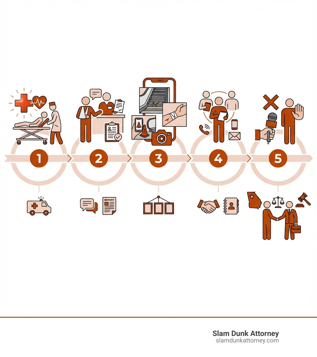 Infographic explaining the first 5 steps to take after an escalator accident in Georgia: 1. Get medical help immediately, 2. Report the accident to property staff and ask for an incident report, 3. Take photos of the escalator, the hazard, and your injuries, 4. Collect contact information from witnesses, 5. Do not give recorded statements to insurance companies before speaking with a Georgia attorney - escalator injury claim infographic 