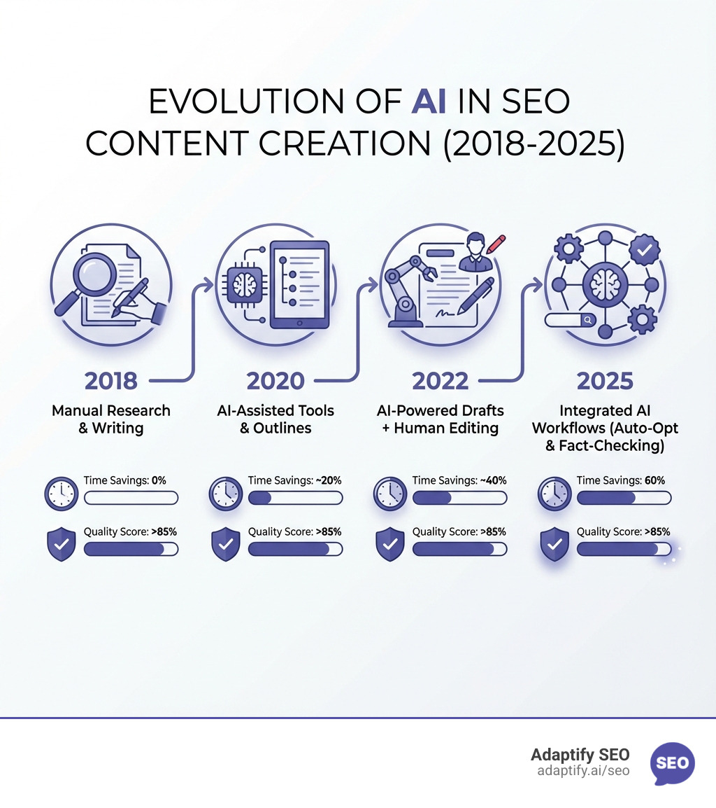Infographic showing the evolution of AI in SEO content creation: starting with manual keyword research and writing (2018), moving to AI-assisted keyword tools and outline generation (2020), then AI-powered first drafts with human editing (2022), and finally integrated AI workflows with automated optimization and fact-checking (2025). Each stage shows time savings increasing from 0% to 60%, while maintaining quality scores above 85%. - AI writing for SEO infographic