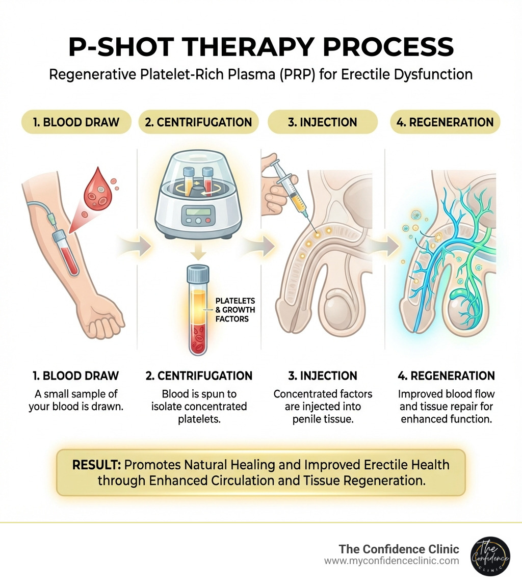 infographic showing platelet-rich plasma therapy process: blood draw, centrifugation to separate platelets, injection of concentrated growth factors into tissue, resulting in improved blood flow and tissue regeneration - P-Shot for ED infographic infographic showing platelet-rich plasma therapy process: blood draw, centrifugation to separate platelets, injection of concentrated growth factors into tissue, resulting in improved blood flow and tissue regeneration - P-Shot for ED infographic