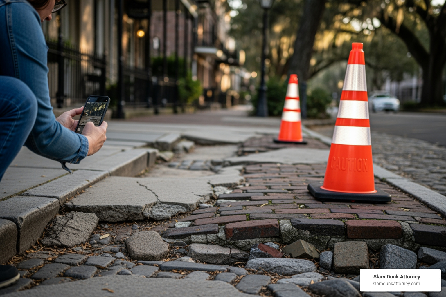 A person taking a photo of an uneven sidewalk in a historic district of Savannah, Georgia, with caution cones nearby. - slip injury attorney