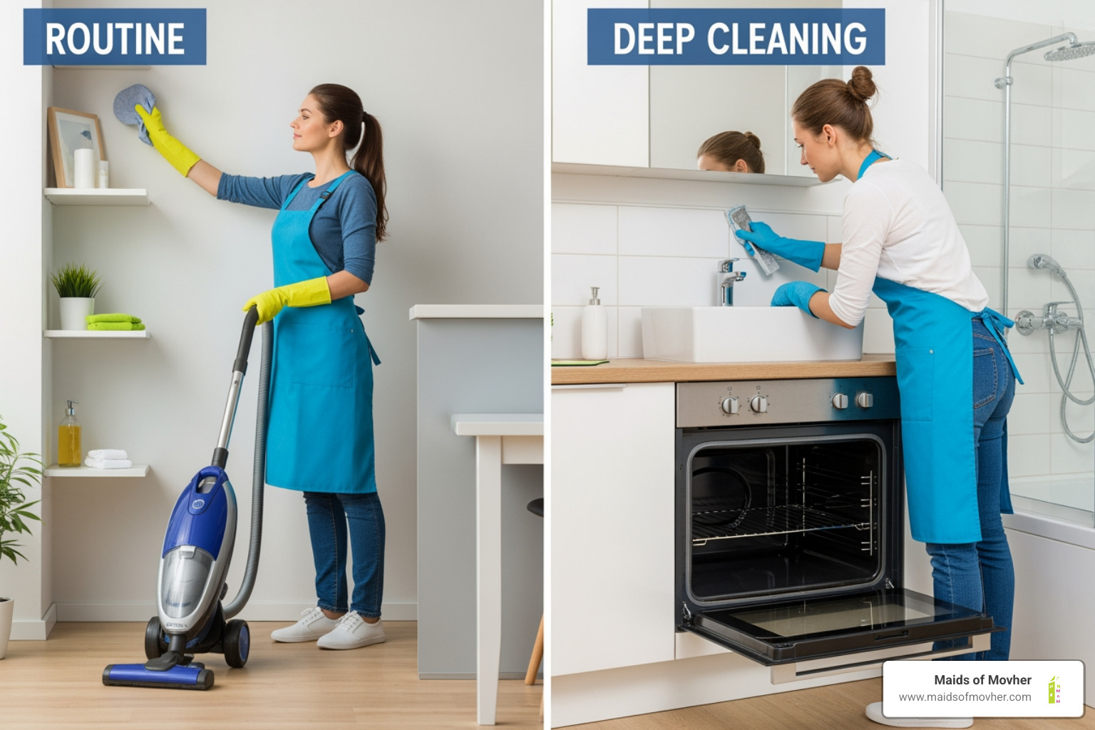 infographic showing comparison between regular cleaning tasks like vacuuming and dusting versus deep cleaning tasks like scrubbing grout, cleaning inside appliances, washing baseboards, and sanitizing high-touch surfaces - deep cleaning services in spokane valley, wa infographic showing comparison between regular cleaning tasks like vacuuming and dusting versus deep cleaning tasks like scrubbing grout, cleaning inside appliances, washing baseboards, and sanitizing high-touch surfaces - deep cleaning services in spokane valley, wa