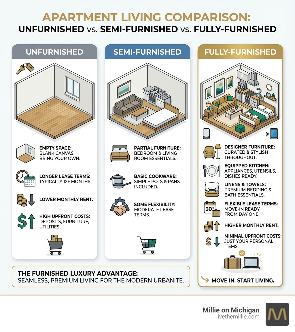 Infographic comparing three apartment types: Unfurnished apartments (empty space, bring your own furniture, longer lease terms, significant setup required); Semi-Furnished apartments (bedroom and living room furniture included, basic cookware, some flexibility); and Fully-Furnished apartments (designer furniture throughout, equipped kitchen with appliances and utensils, linens and towels included, flexible lease terms, move-in ready from day one) - furnished luxury apartments infographic 