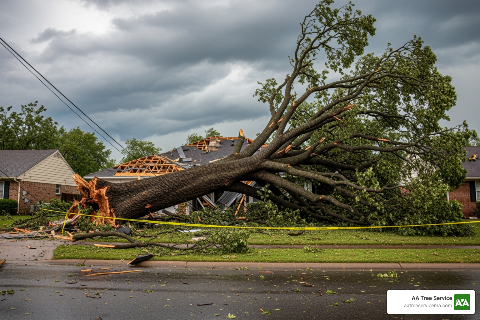 A large tree fallen on a house after a storm - emergency crane service detroit A large tree fallen on a house after a storm - emergency crane service detroit