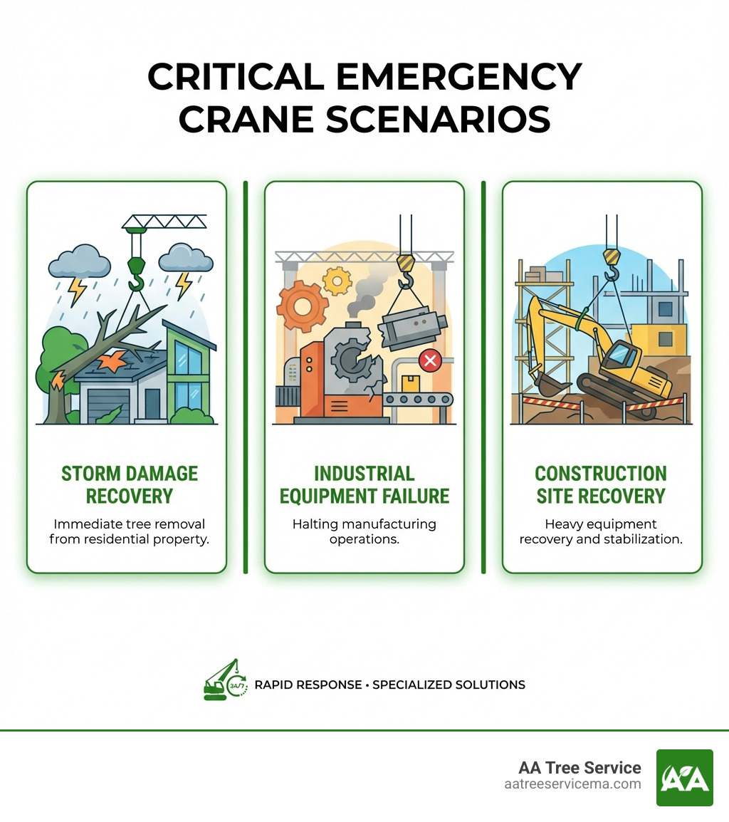 Infographic showing three critical emergency crane scenarios: 1) Storm-damaged tree on residential property requiring immediate removal, 2) Industrial equipment failure halting manufacturing operations, 3) Construction site accident requiring heavy equipment recovery and stabilization - emergency crane service detroit infographic Infographic showing three critical emergency crane scenarios: 1) Storm-damaged tree on residential property requiring immediate removal, 2) Industrial equipment failure halting manufacturing operations, 3) Construction site accident requiring heavy equipment recovery and stabilization - emergency crane service detroit infographic