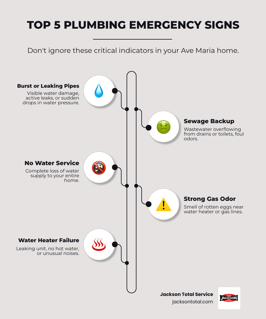Infographic showing the top 5 signs you need emergency plumbing services: burst or leaking pipes with visible water damage, sewage backing up into drains or toilets, complete loss of water service to your home, strong gas odor near water heater or gas lines, and water heater leaking or failing with no hot water - emergency plumbing services in ave maria fl infographic infographic-line-5-steps-elegant_beige