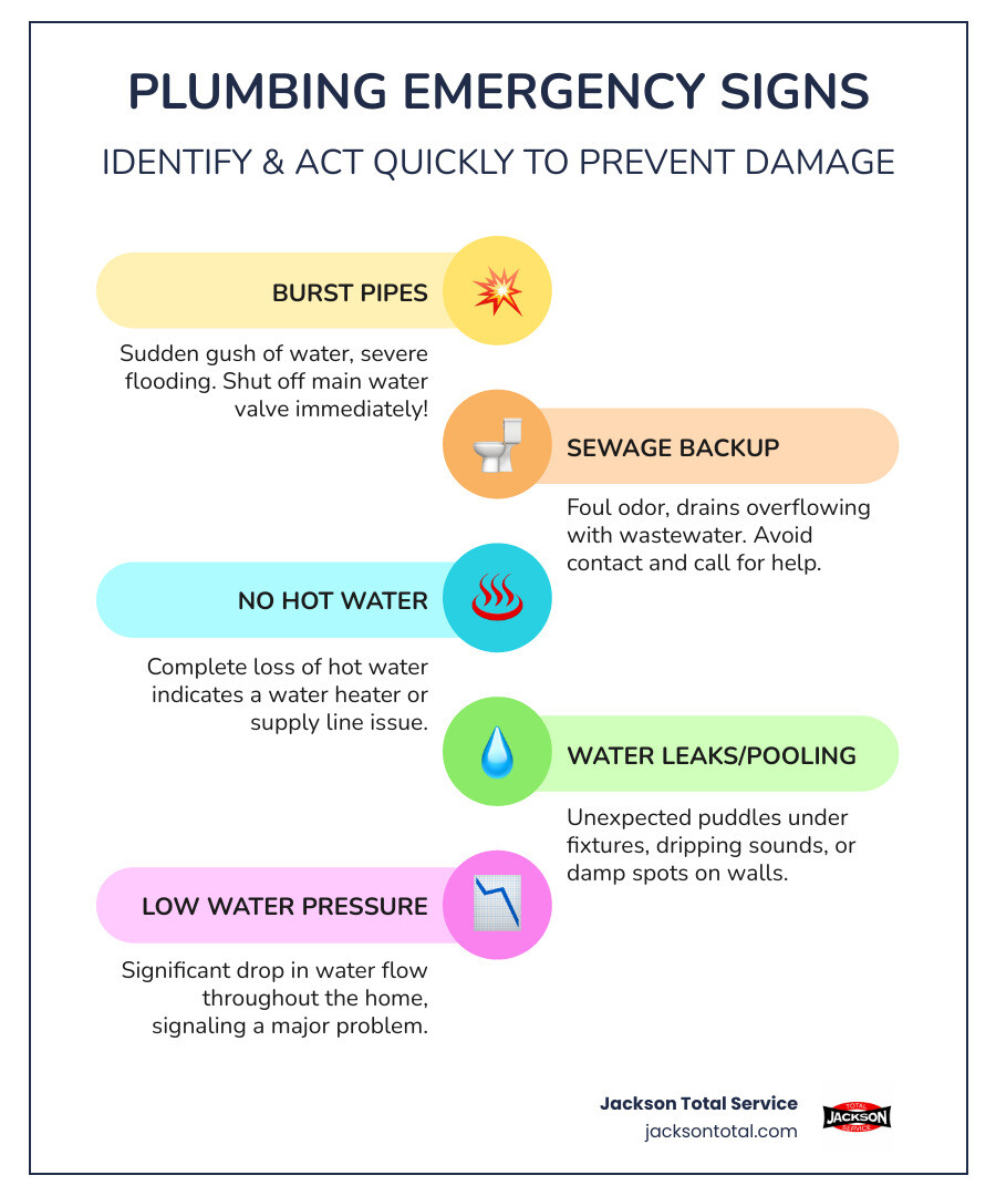Infographic showing warning signs of plumbing emergencies including burst pipes, sewage backup, no hot water, water pooling under sinks, and sudden drops in water pressure, with advice to call immediately - best emergency plumbing services in ave maria, fl infographic infographic-line-5-steps-colors